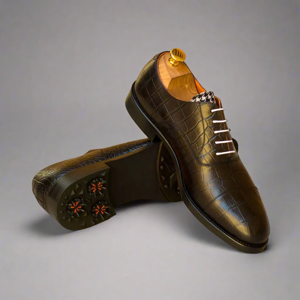 Brown crocodile-patterned Toros Oxford Golf Shoes for stylish performance on the course
