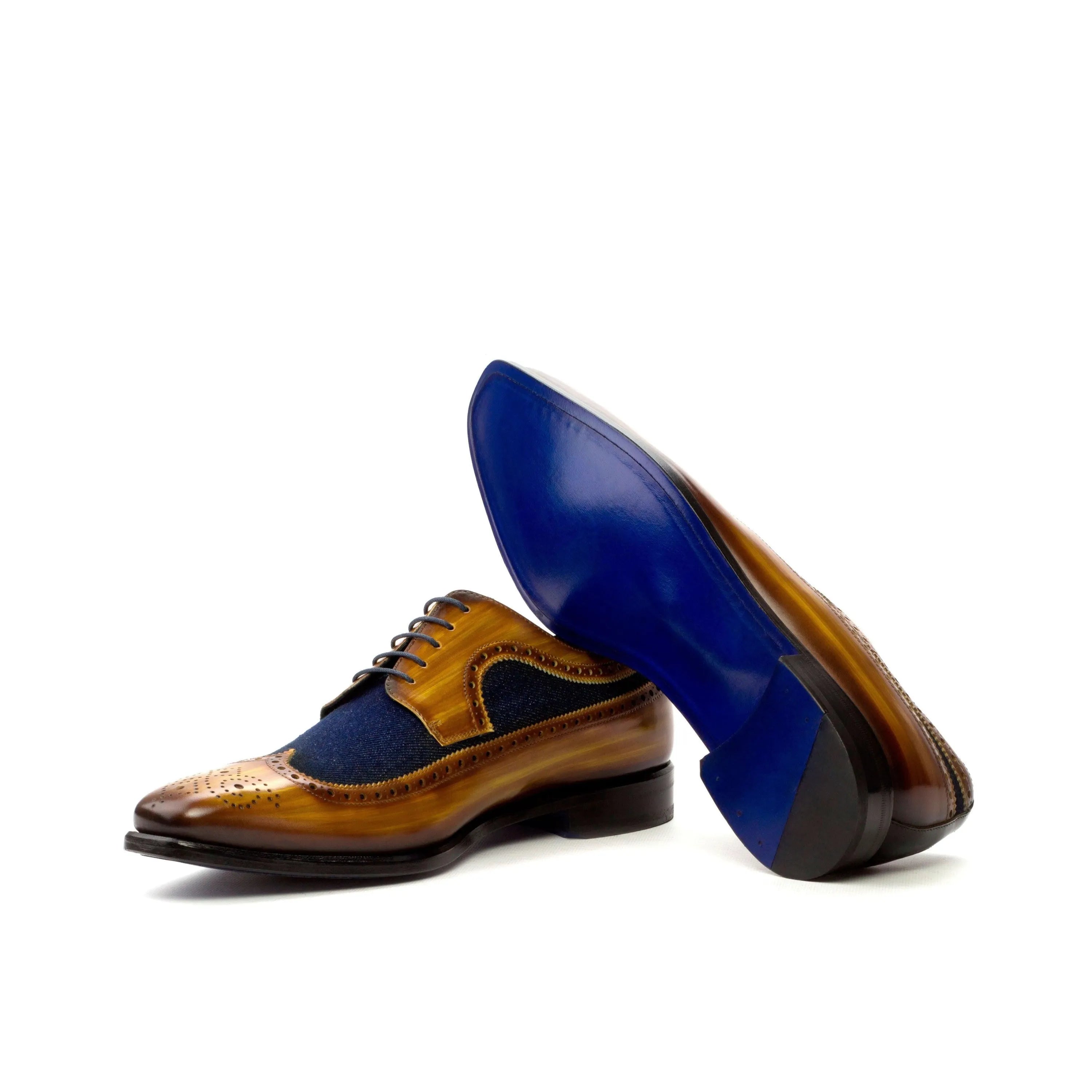 Two-toned leather dress shoes, Trevor Longwing Blucher II, feature a crust patina finish
