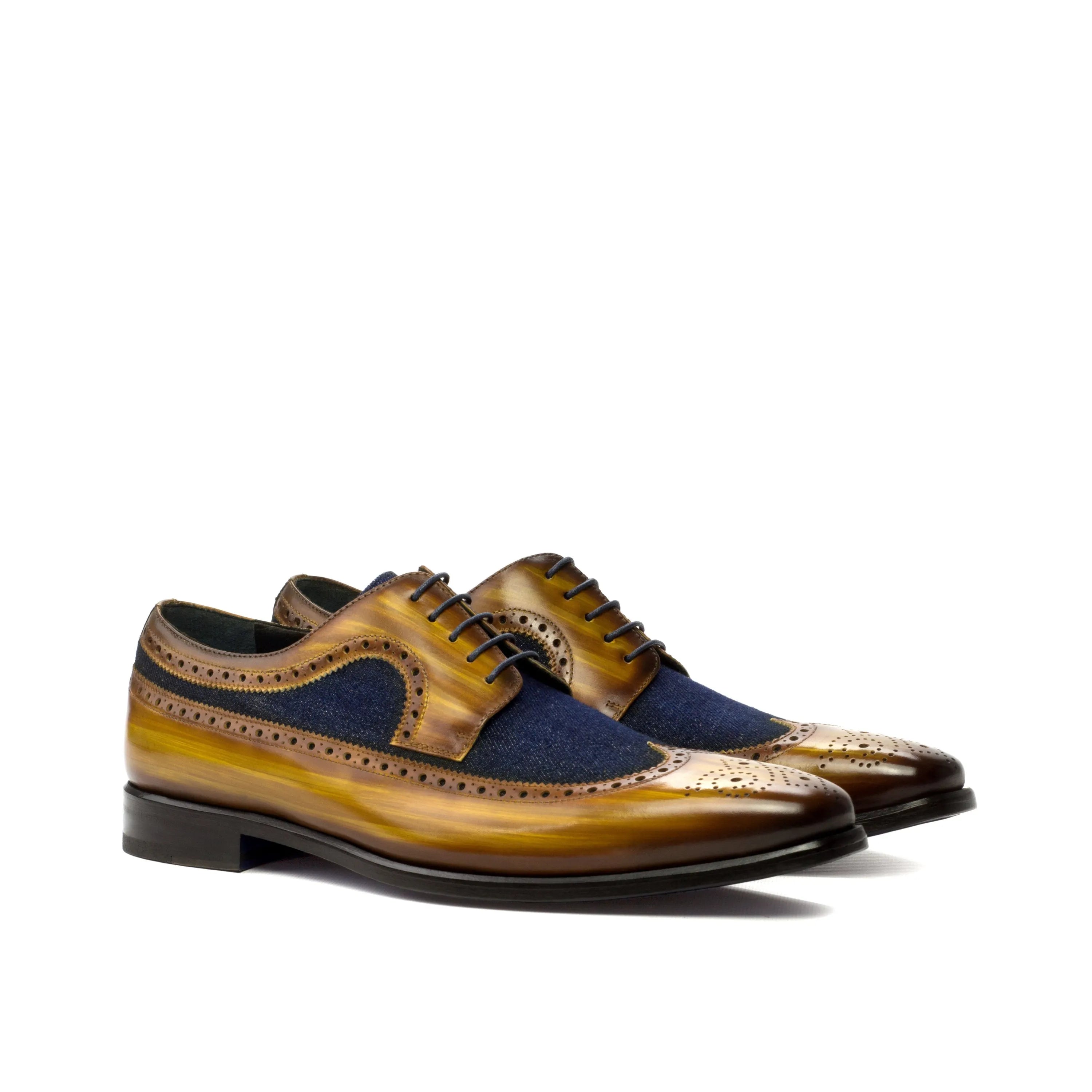 Brown and blue leather Wingtip shoes, Trevor Longwing Blucher with crust patina finish