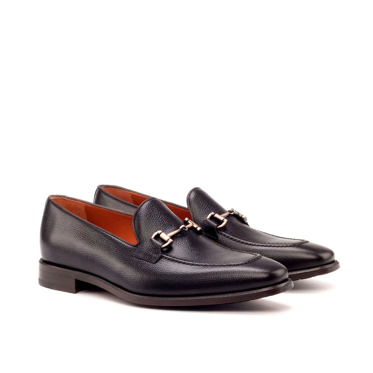 Trilo Loafers: black leather horsebit shoes with dark brown painted calf sole
