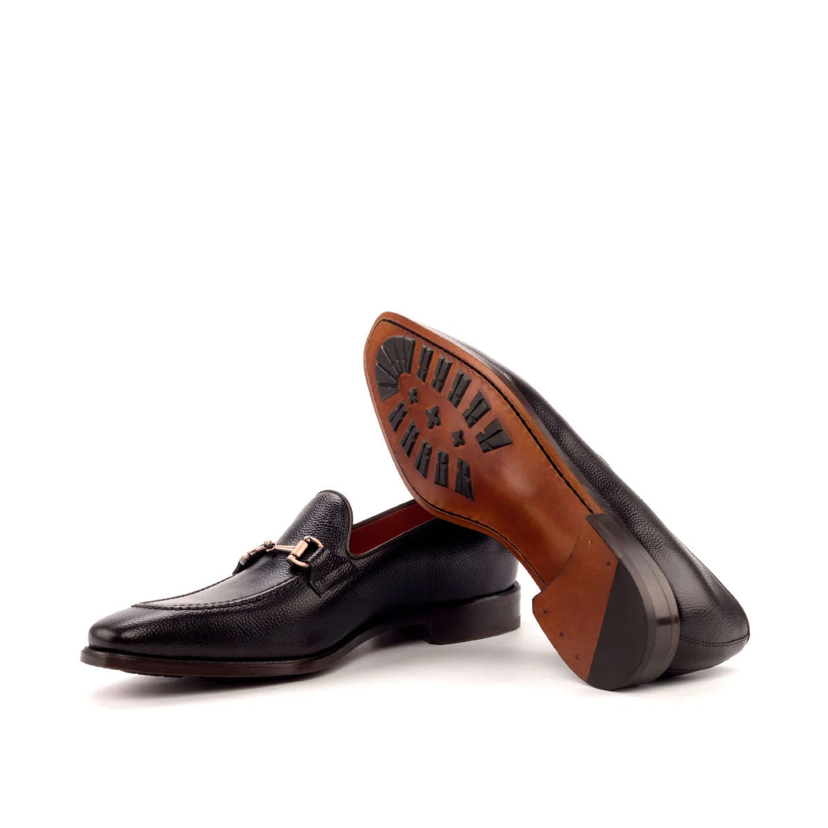 Trilo Loafers: black leather with gold buckle and dark brown leather sole