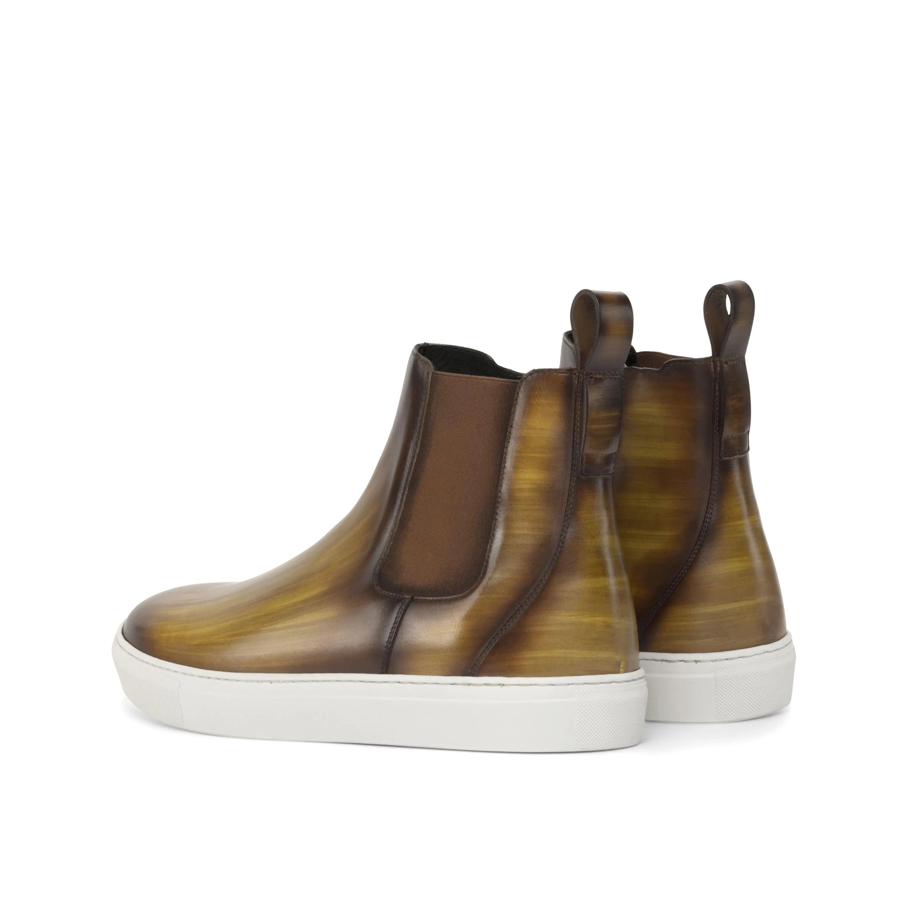 Brown leather Trinidad Chelsea sneaker boots with white soles for trendy footwear style