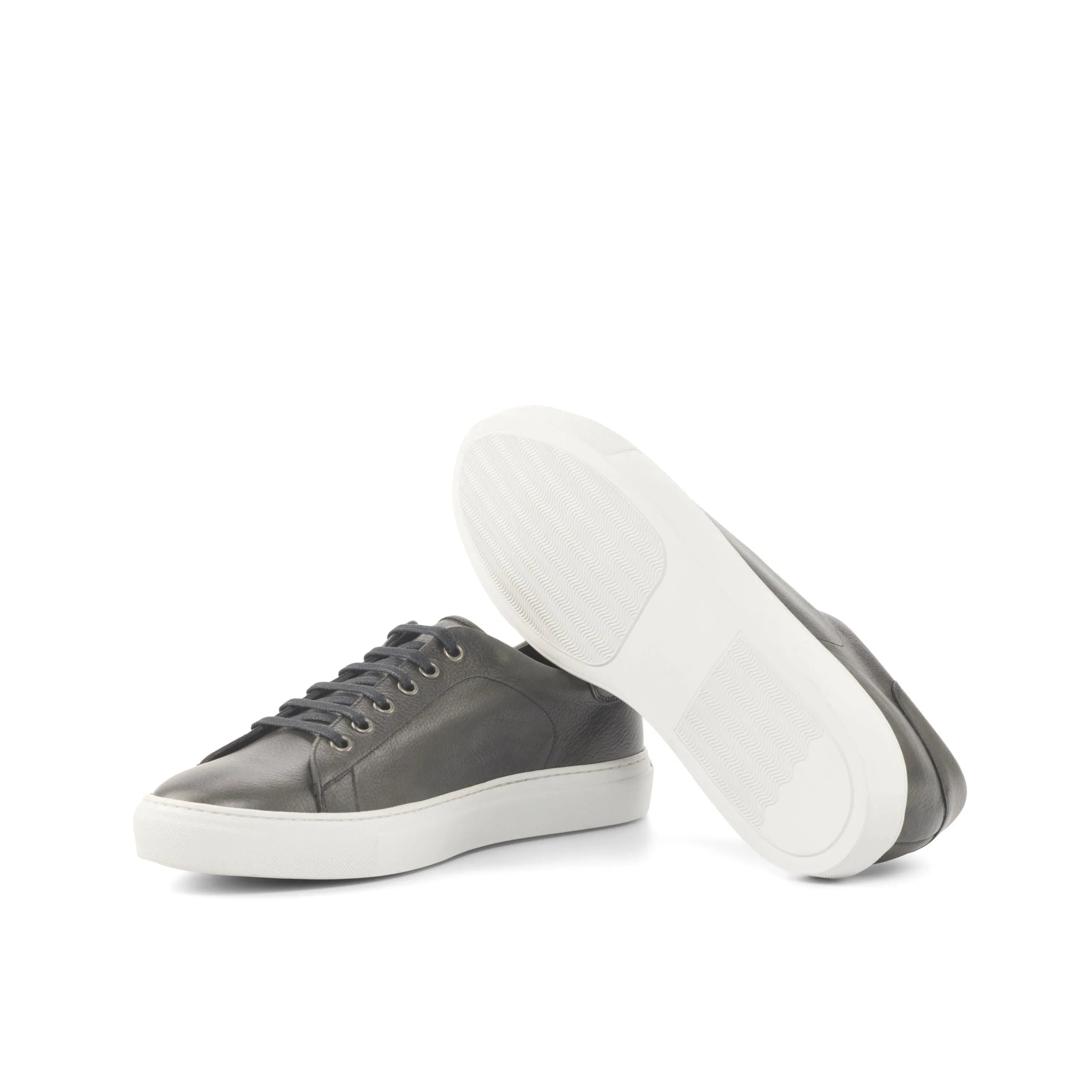 Gray leather Tuesday Trainer Sneakers II featuring white soles for stylish comfort