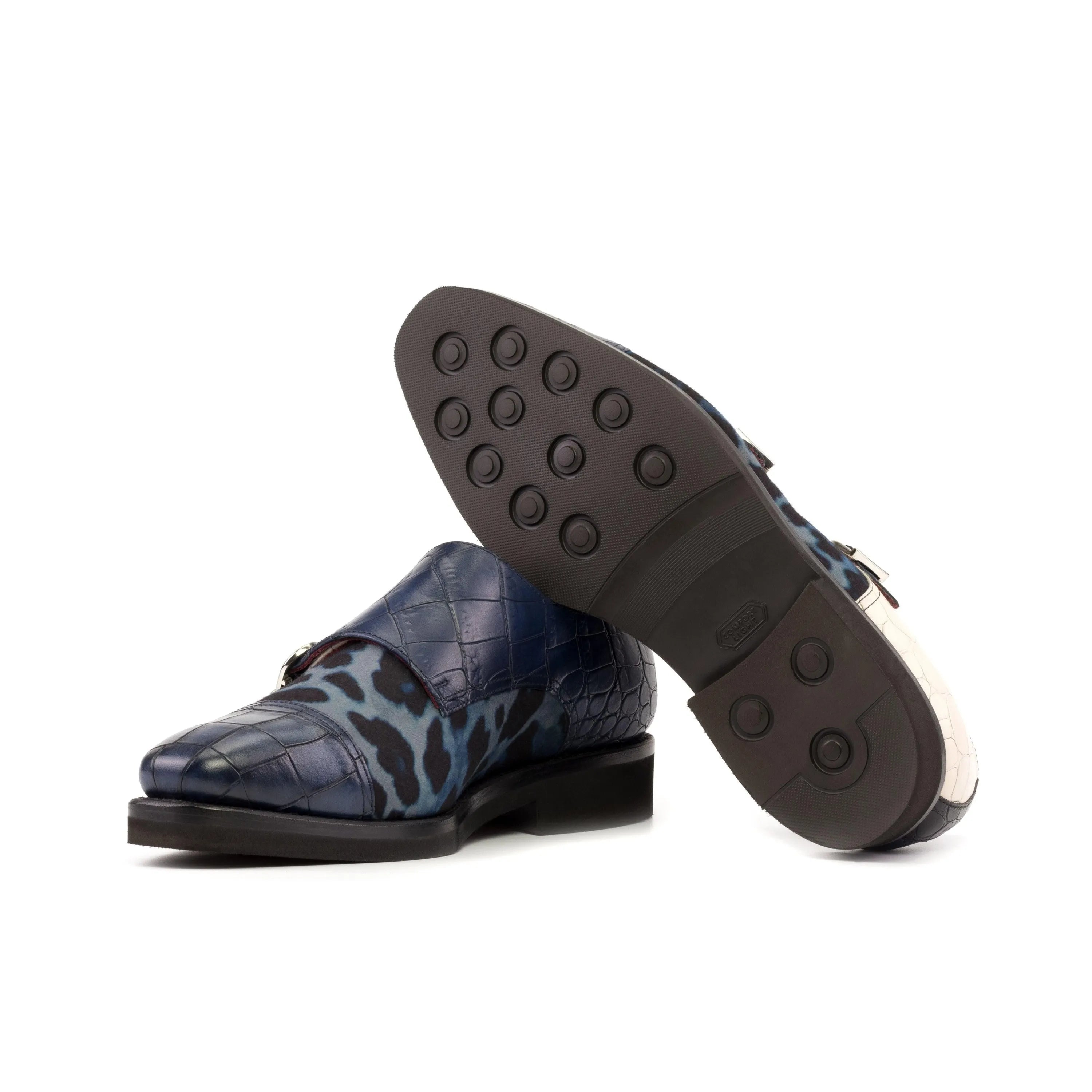 Blue and leopard print Tuin Double Monk strap shoes for stylish men’s footwear