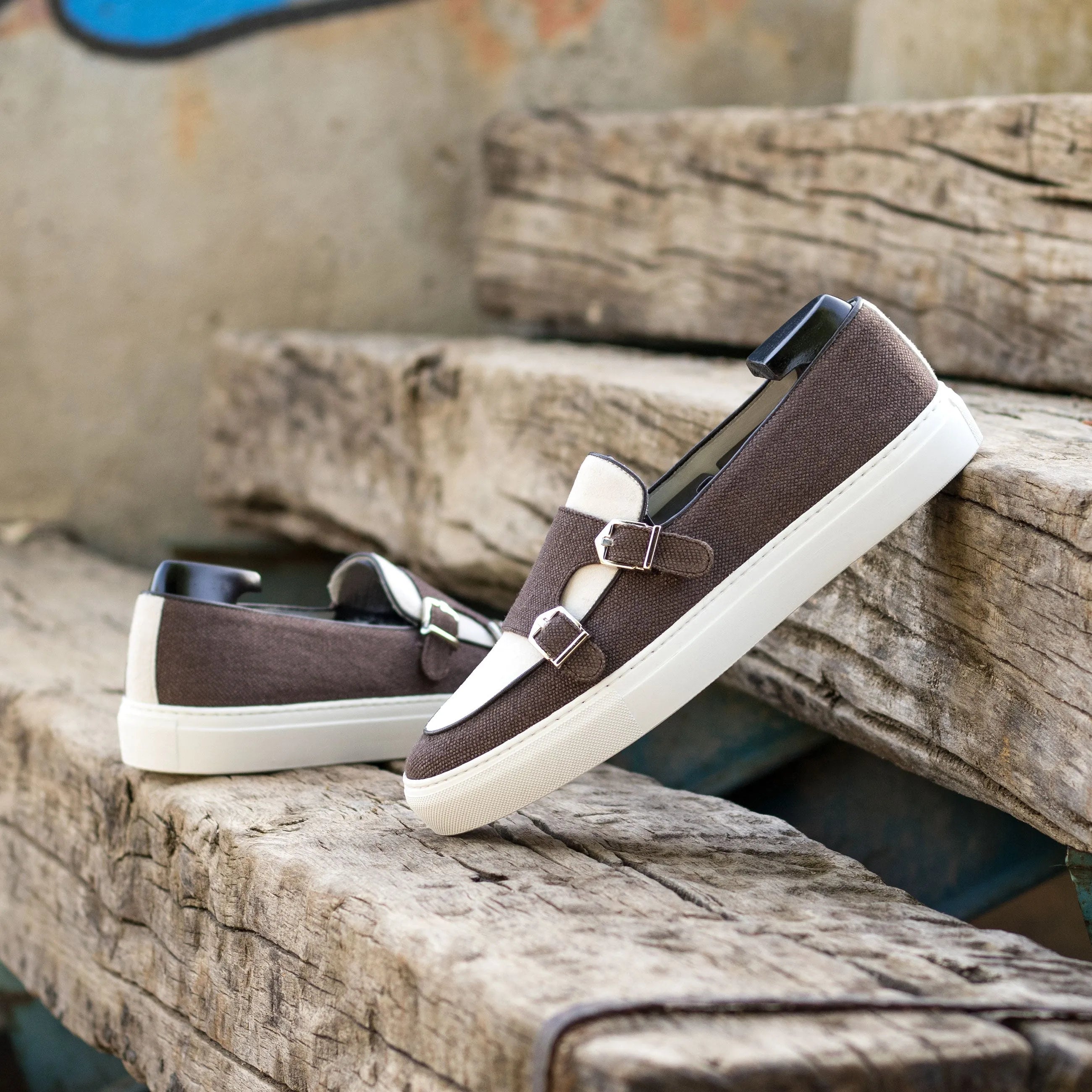 Brown suede Tulla monk sneaker featuring stylish double monk strap design