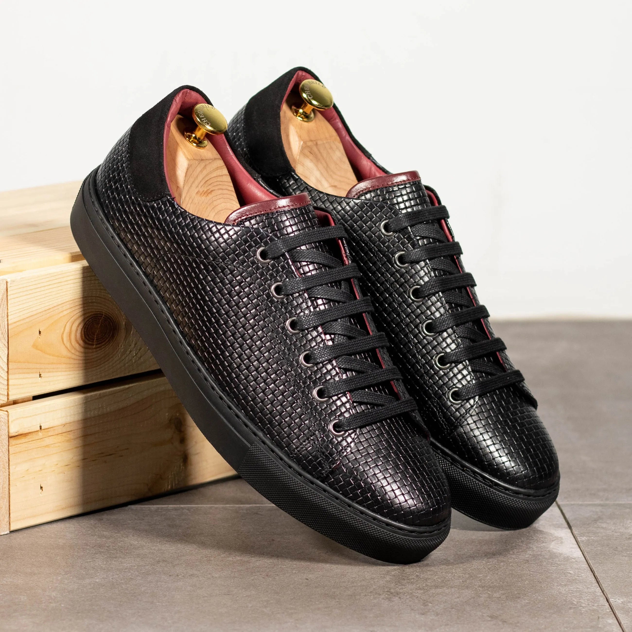 Black textured calf leather sneakers, featuring Twilight Trainer Sneaker design and cupsole