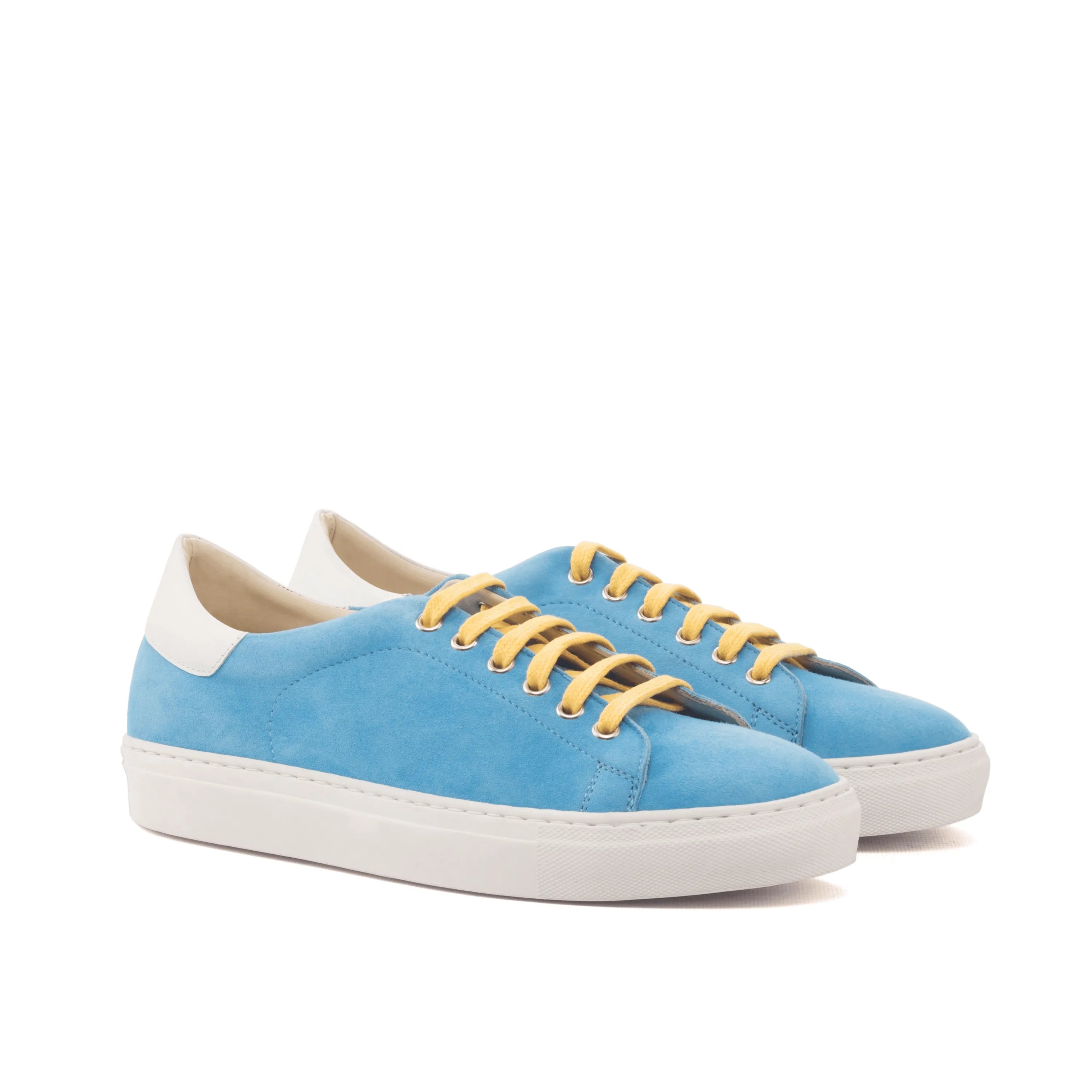 Blue suede Usainit Trainer Sneaker II with vibrant yellow laces