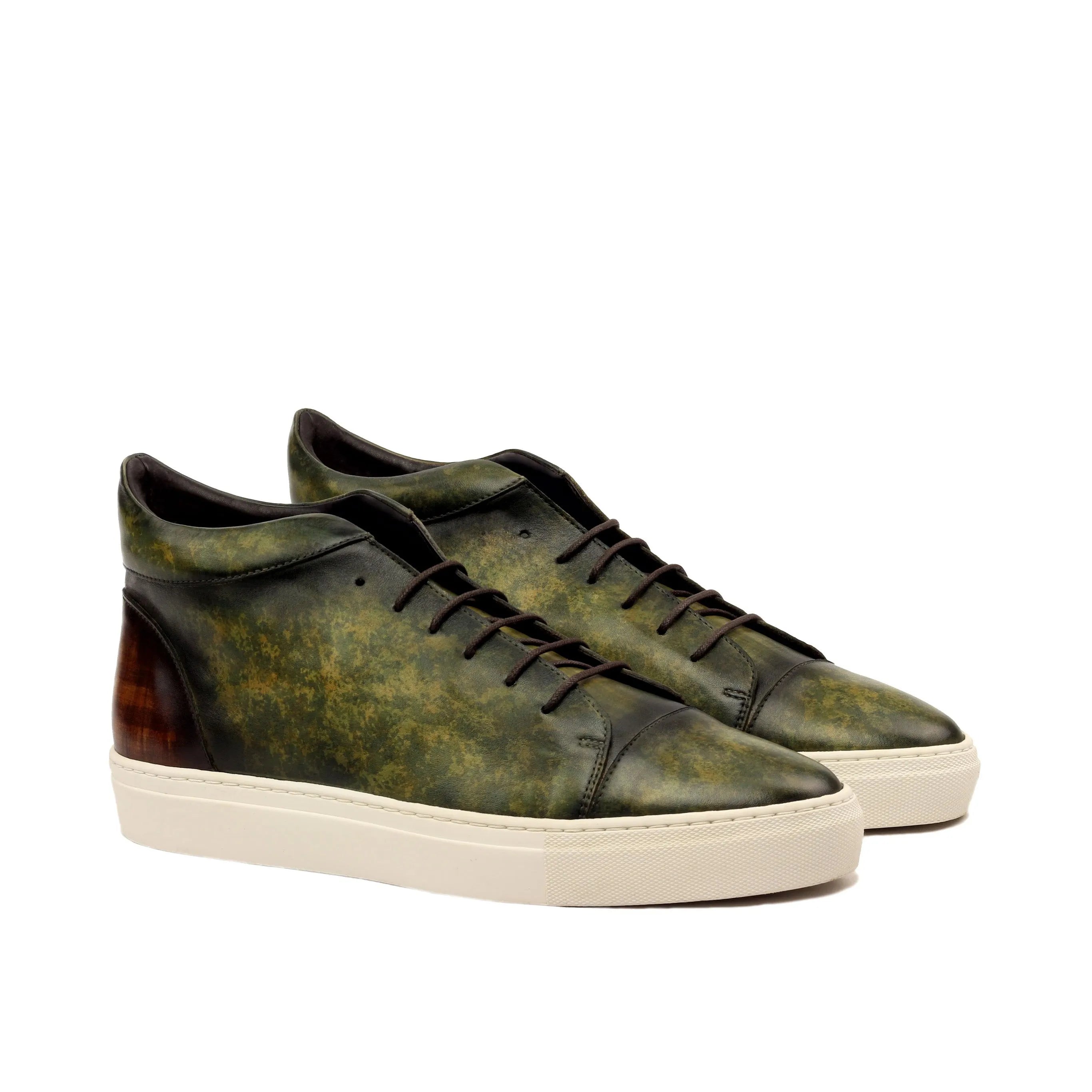 Green leather high-top sneakers, featured as Vegas Patina high top sneakers