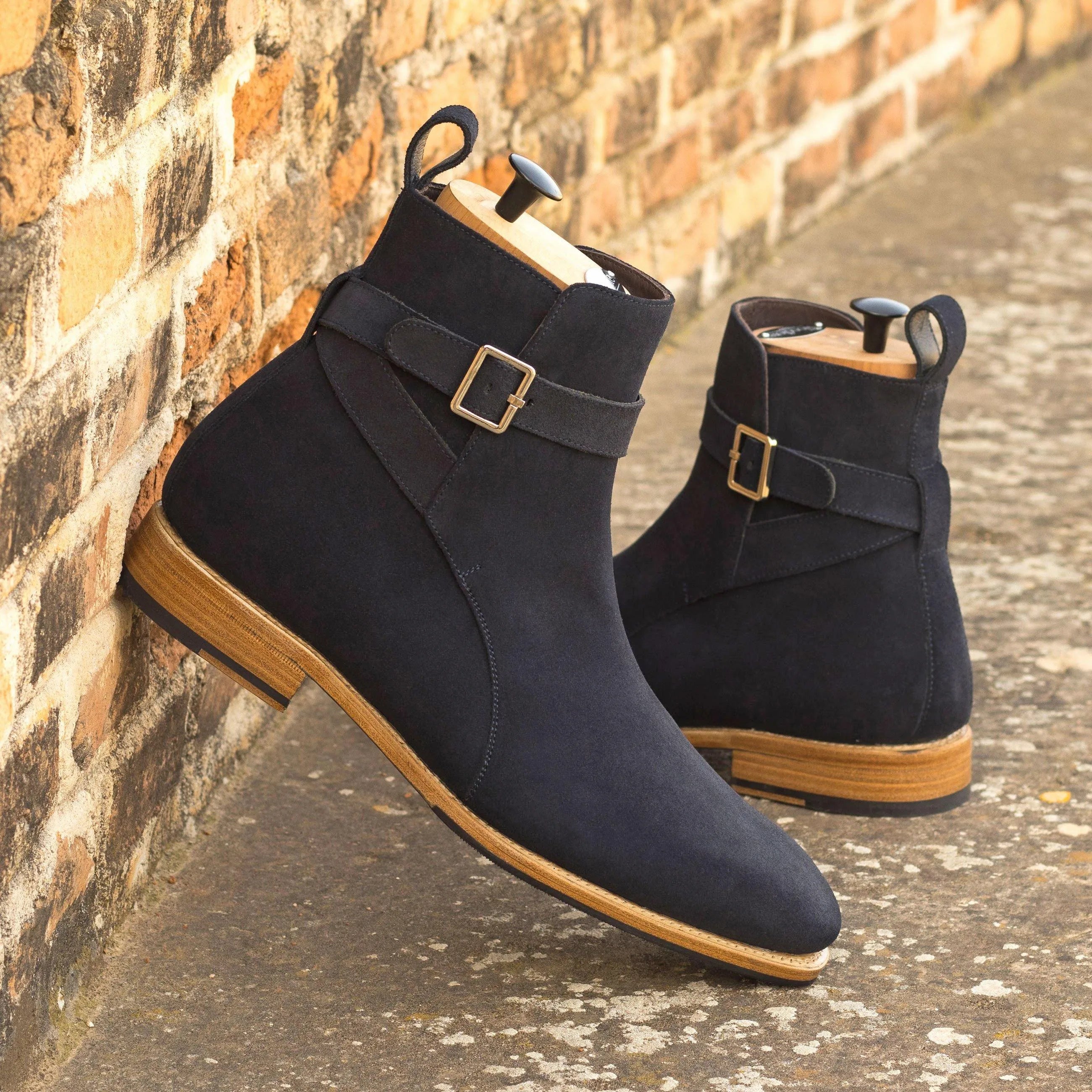 Black suede Vila Jodhpur Boots featuring gold buckles for stylish footwear