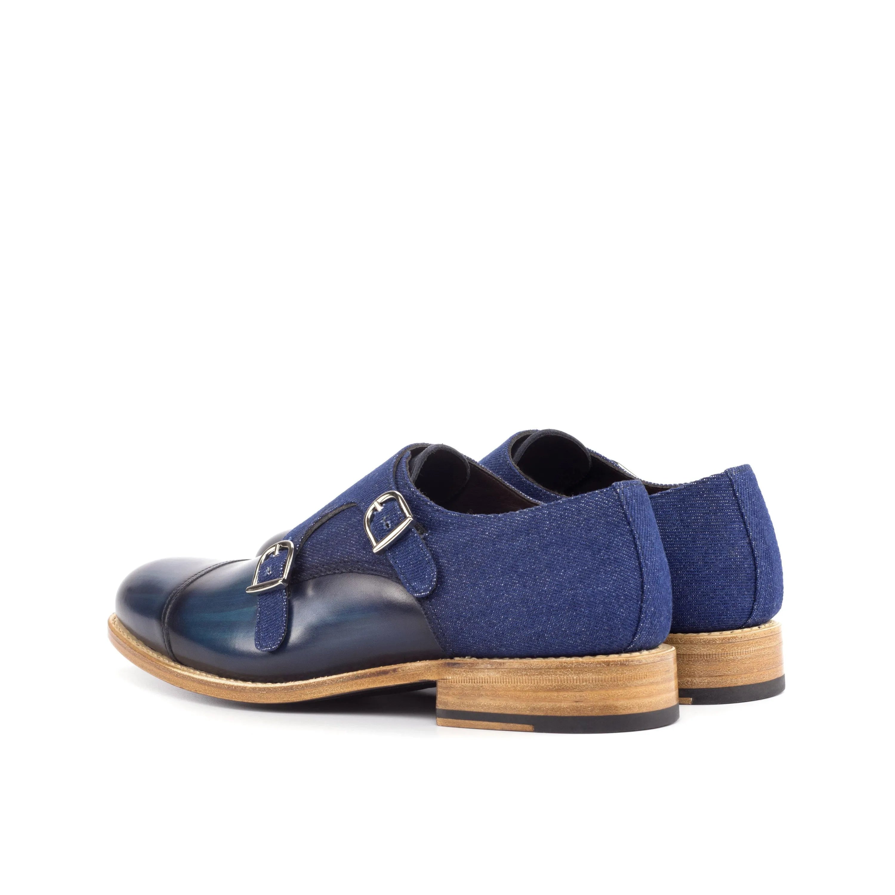 Blue leather and denim Wali Double Monk Patina shoes with rush shipping available