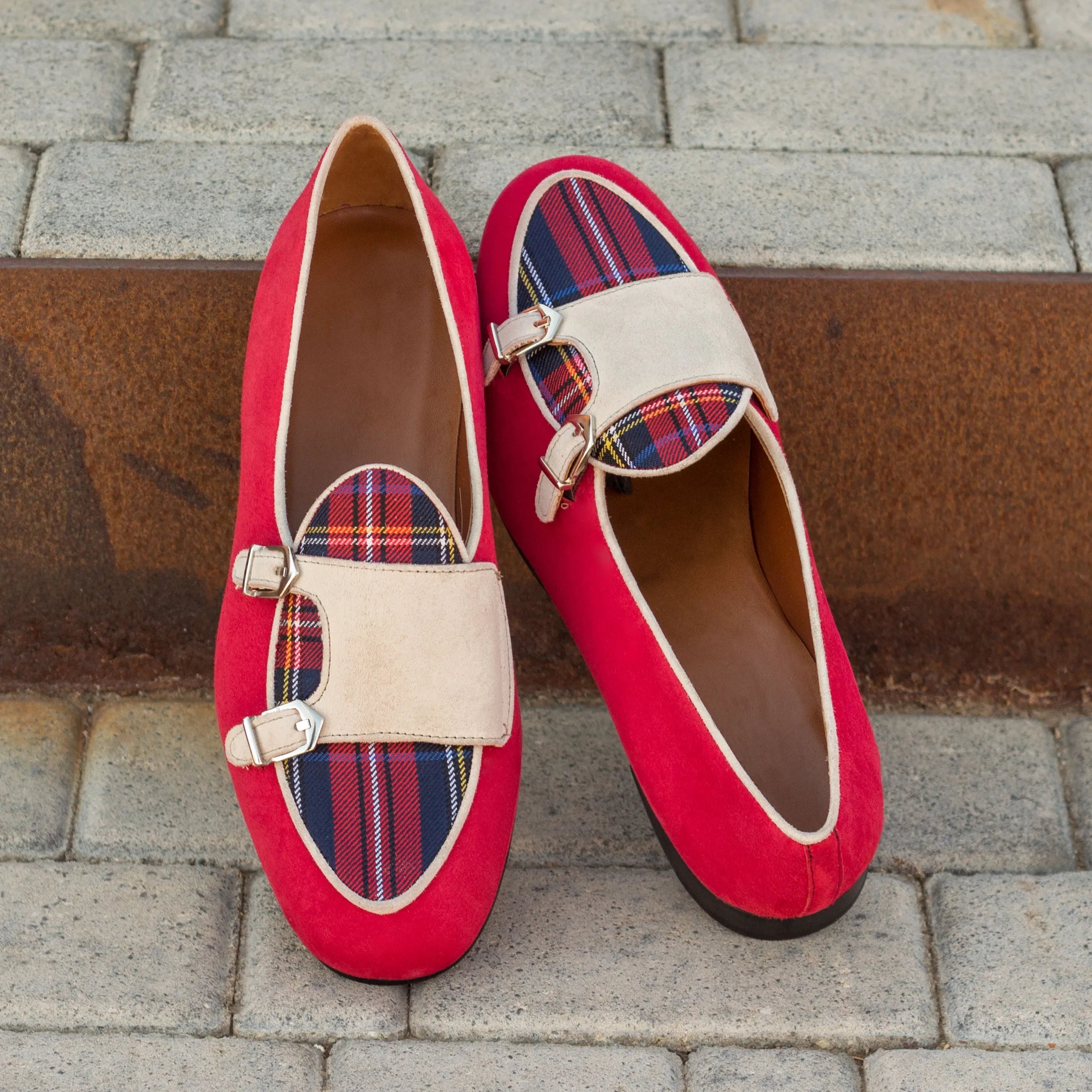 Red and plaid buckled loafers from the Wallace Belgian Monk Slipper collection