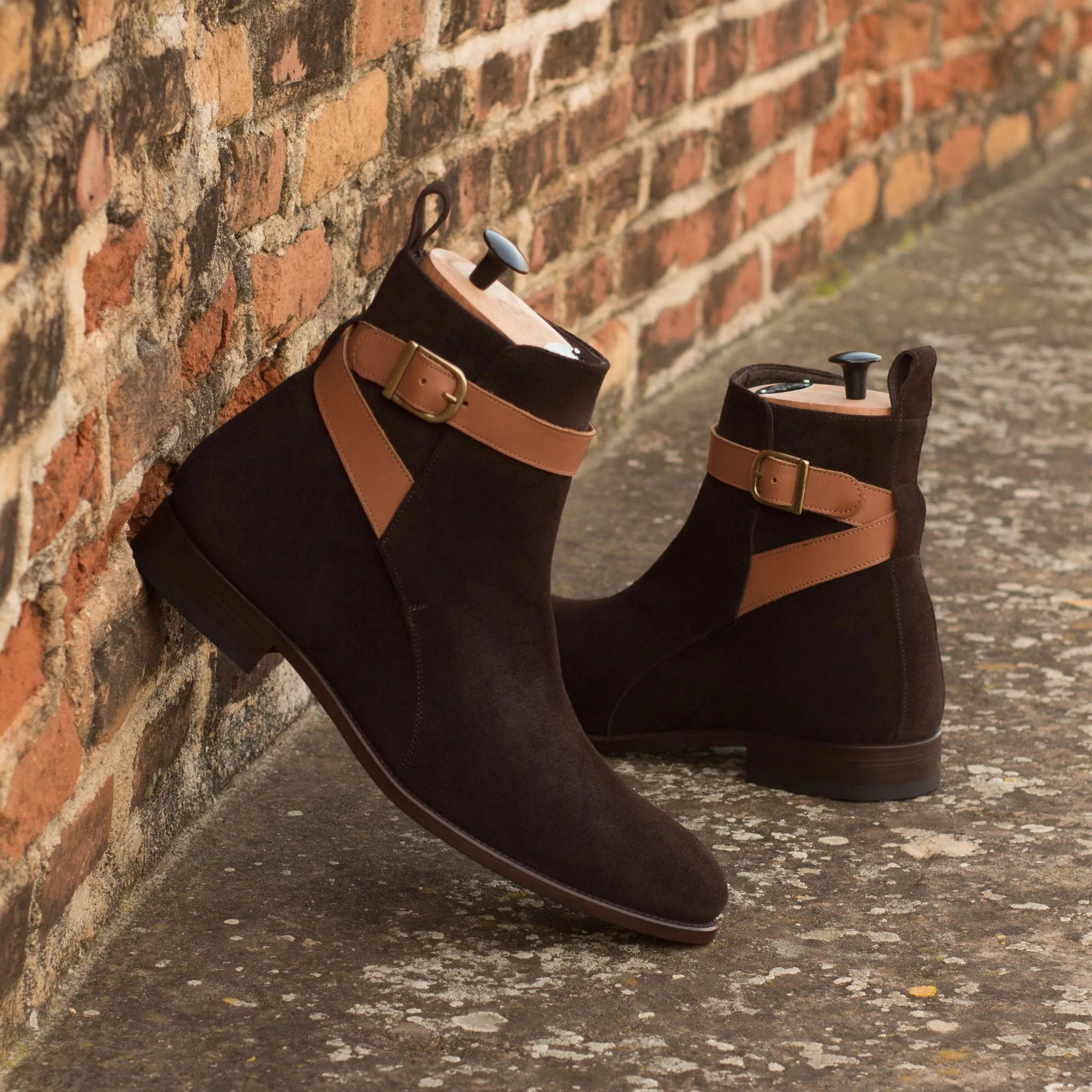 Brown suede Wapasha Jodhpur Boots with tan leather straps for stylish footwear