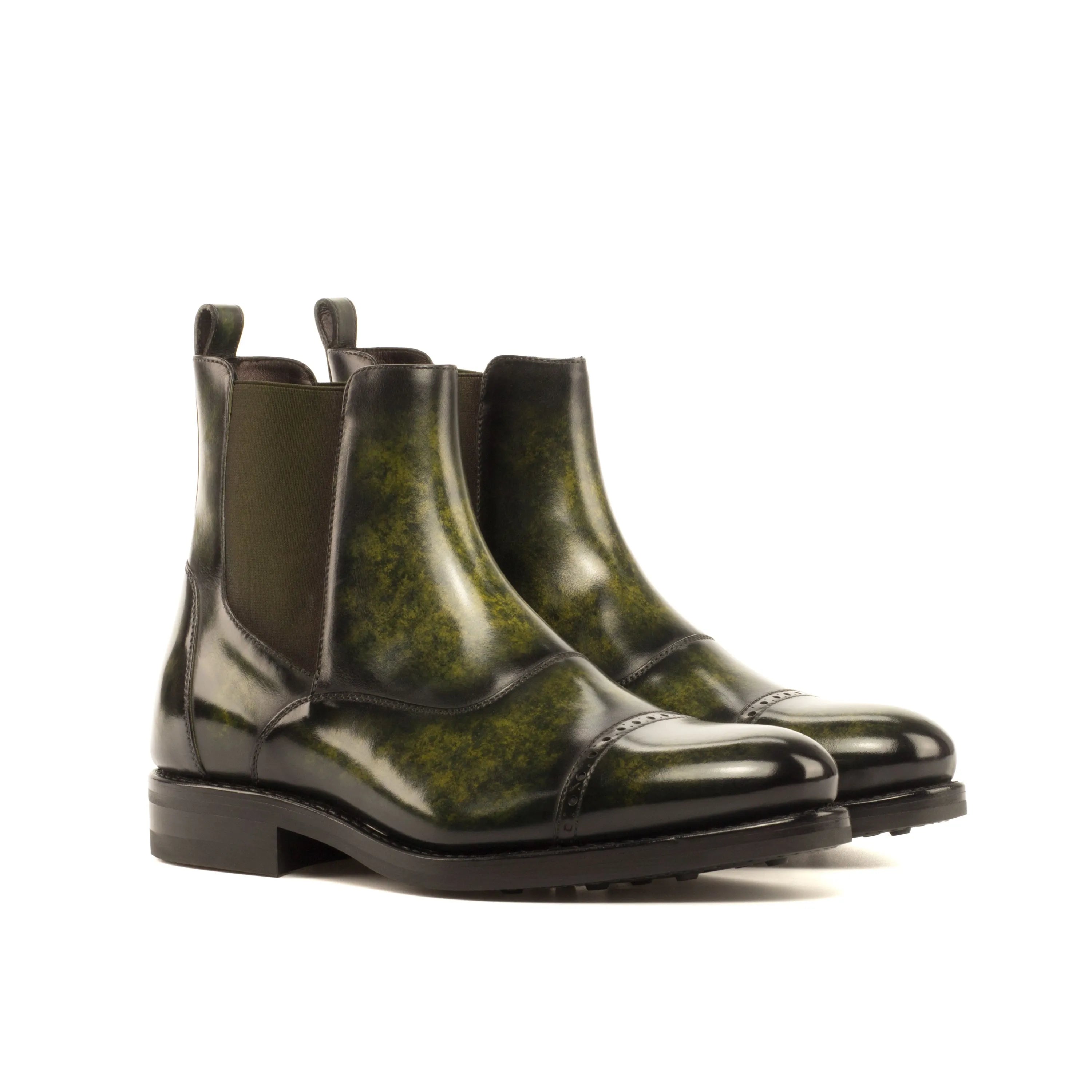 Green leather Wardon Patina Chelsea Boots showcasing stylish and contemporary footwear
