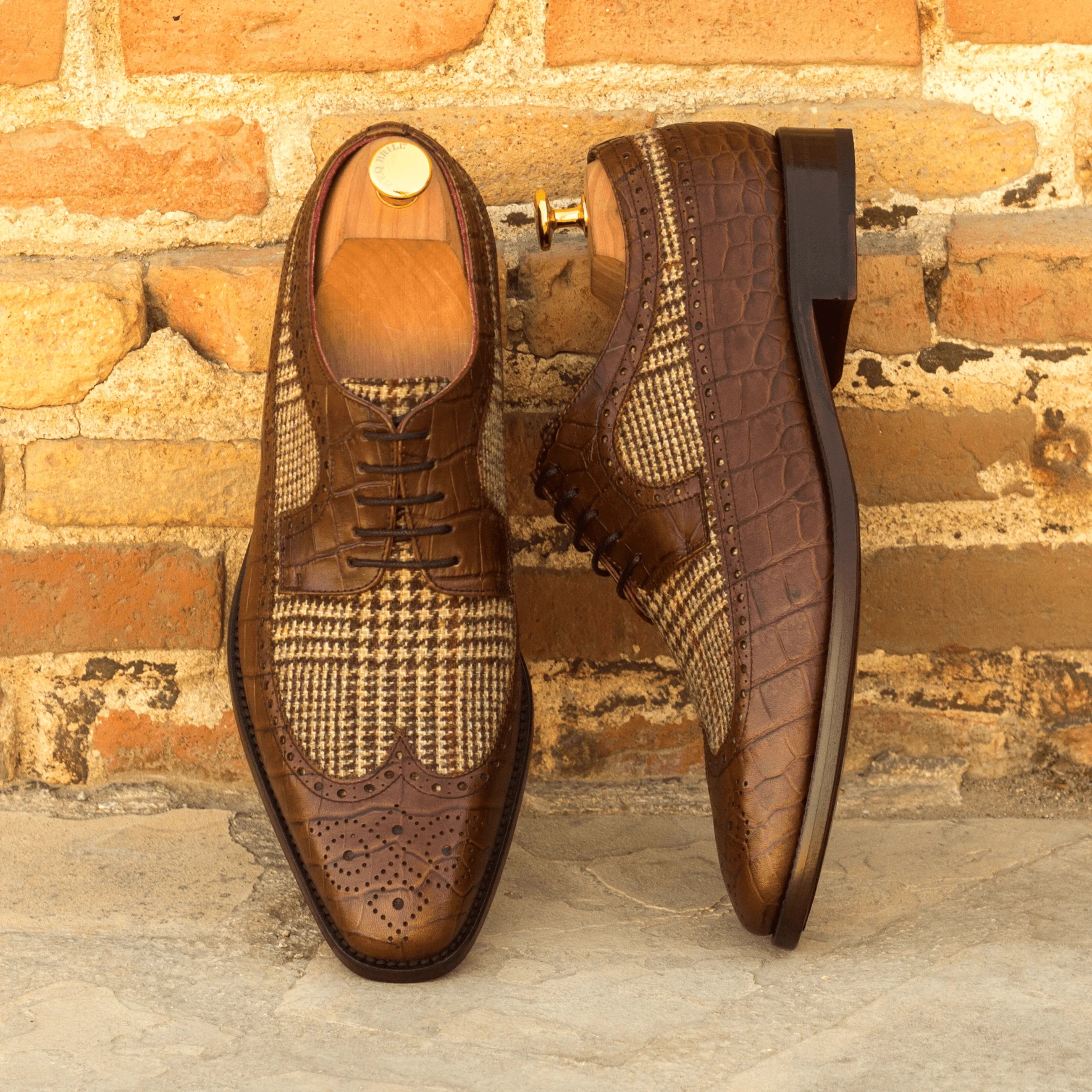 Brown leather and tweed Weekend Longwing Blucher II stylish long wingtip blucher shoes