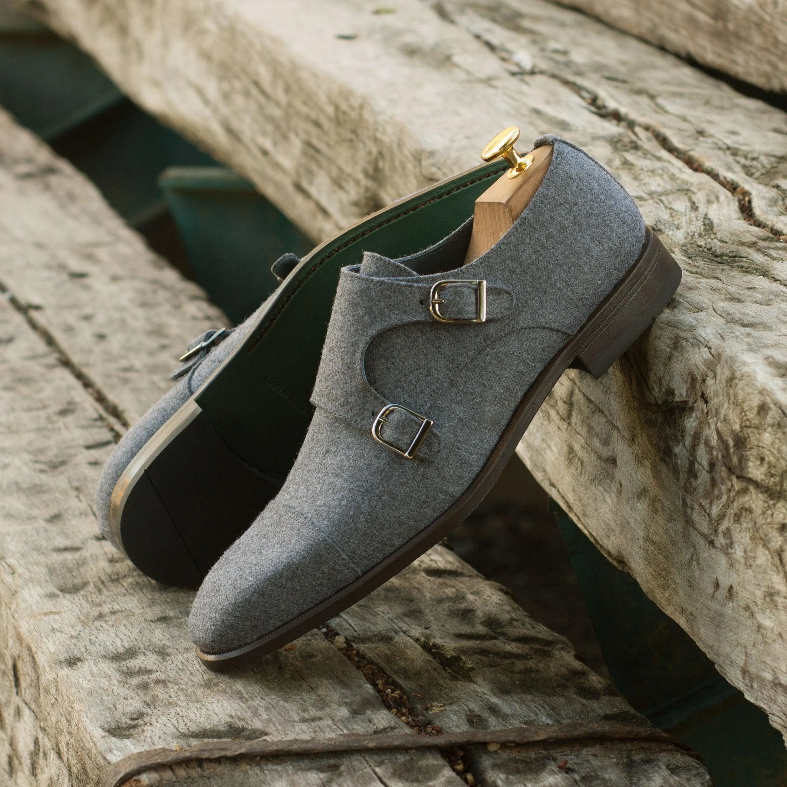 Gray Wiyot Double Monk II shoes featuring a stylish double monk strap design