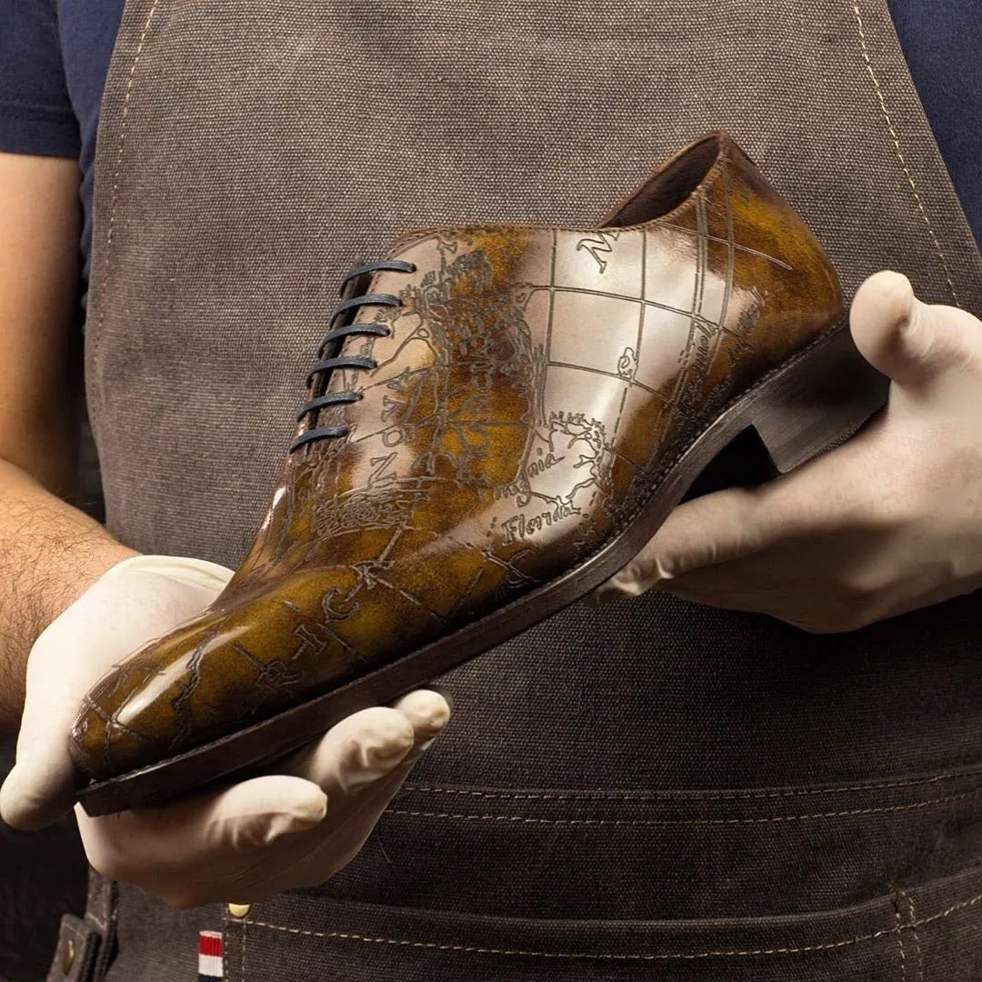 Leather dress shoe with map design, Worldly Patina Wholecut in Italian crust leather