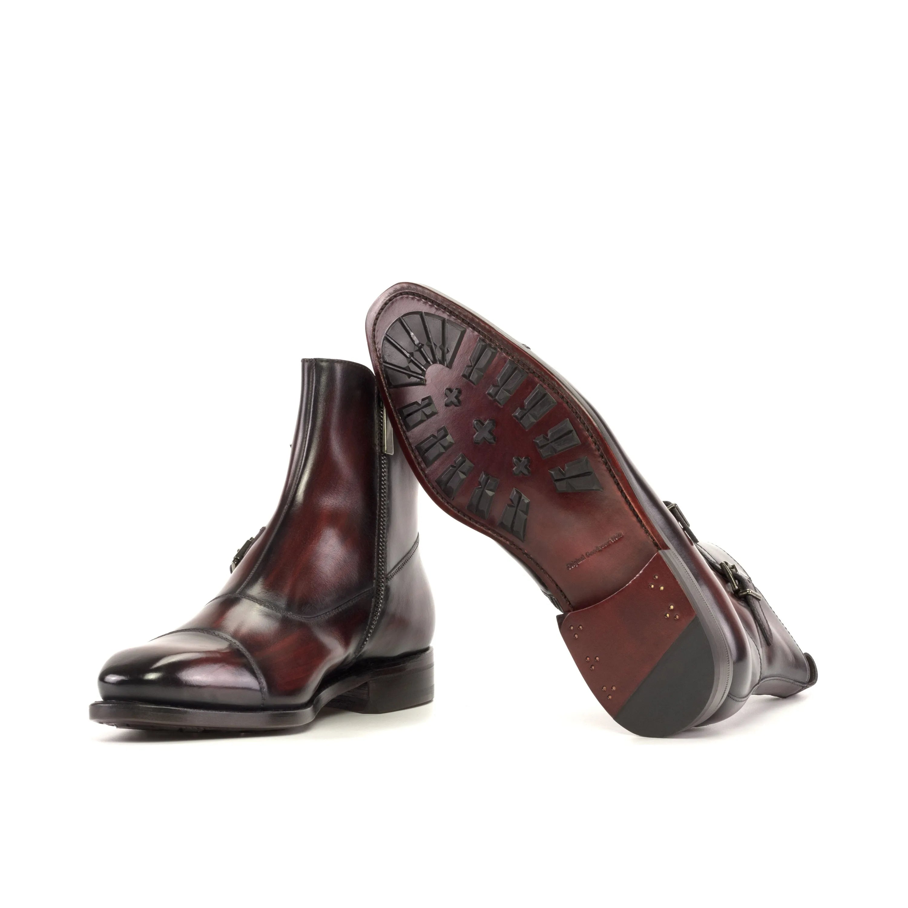 Burgundy leather ankle boots from Xzon Octavian Patina collection, stylish and durable