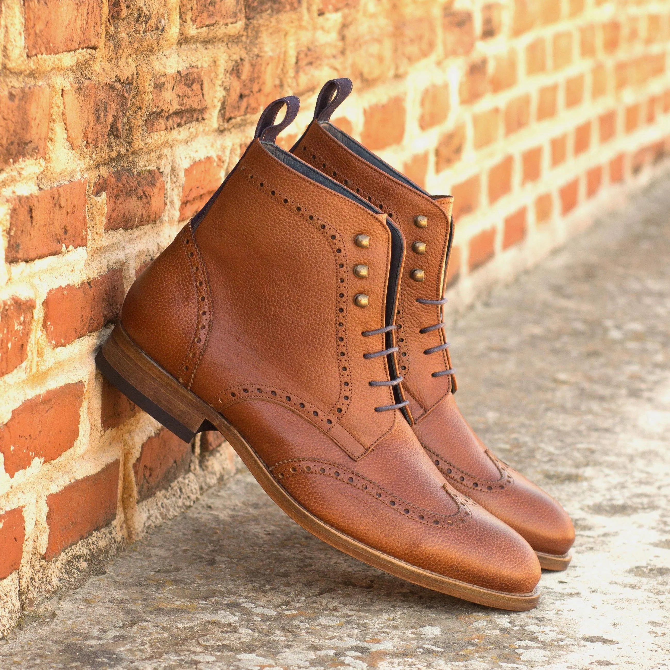 Brown leather Y03 Military Brogue Boots II featuring classic wingtip design