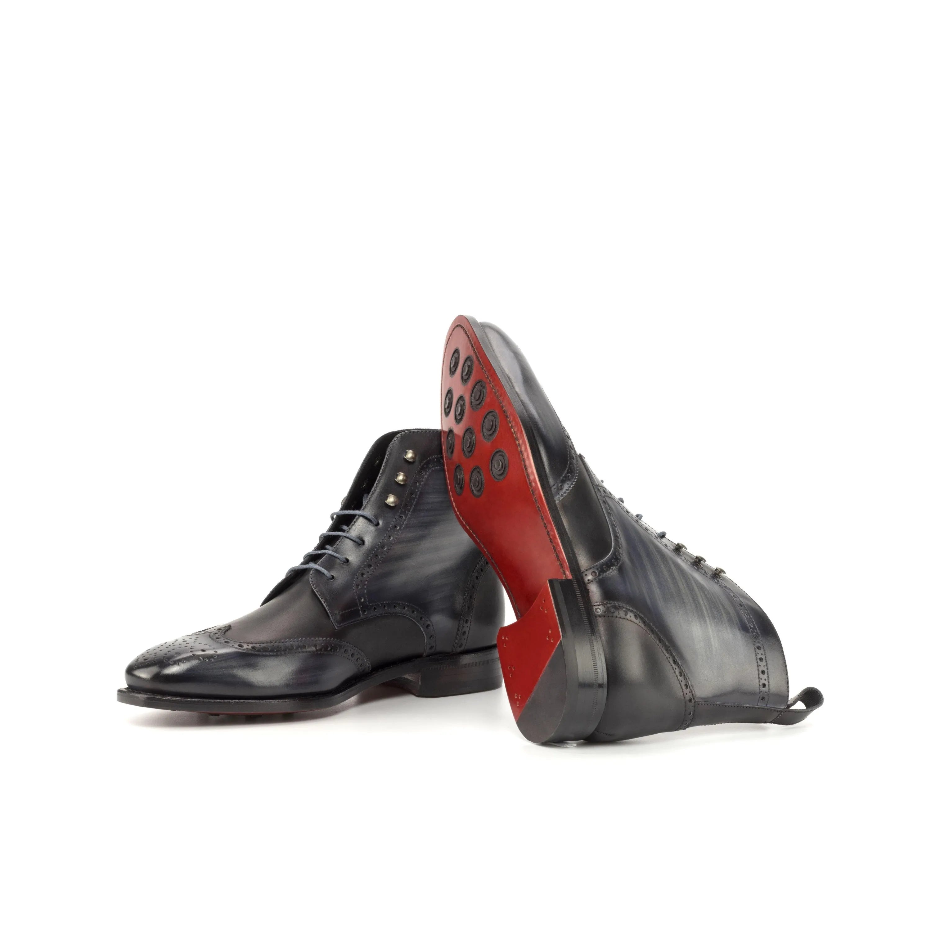 Pair of gray leather Zdan Military Brogue Patina Boots for sophisticated style