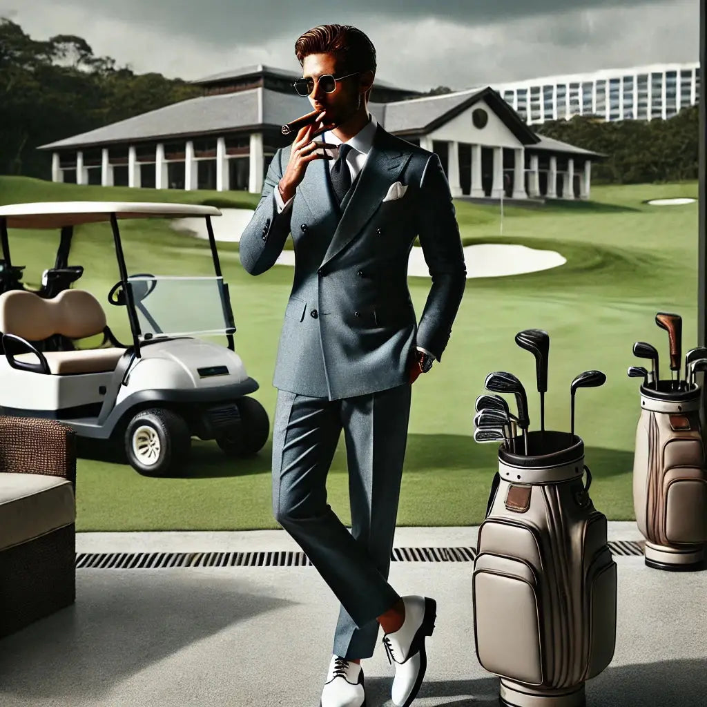 Stylish man in a suit smoking a cigar.