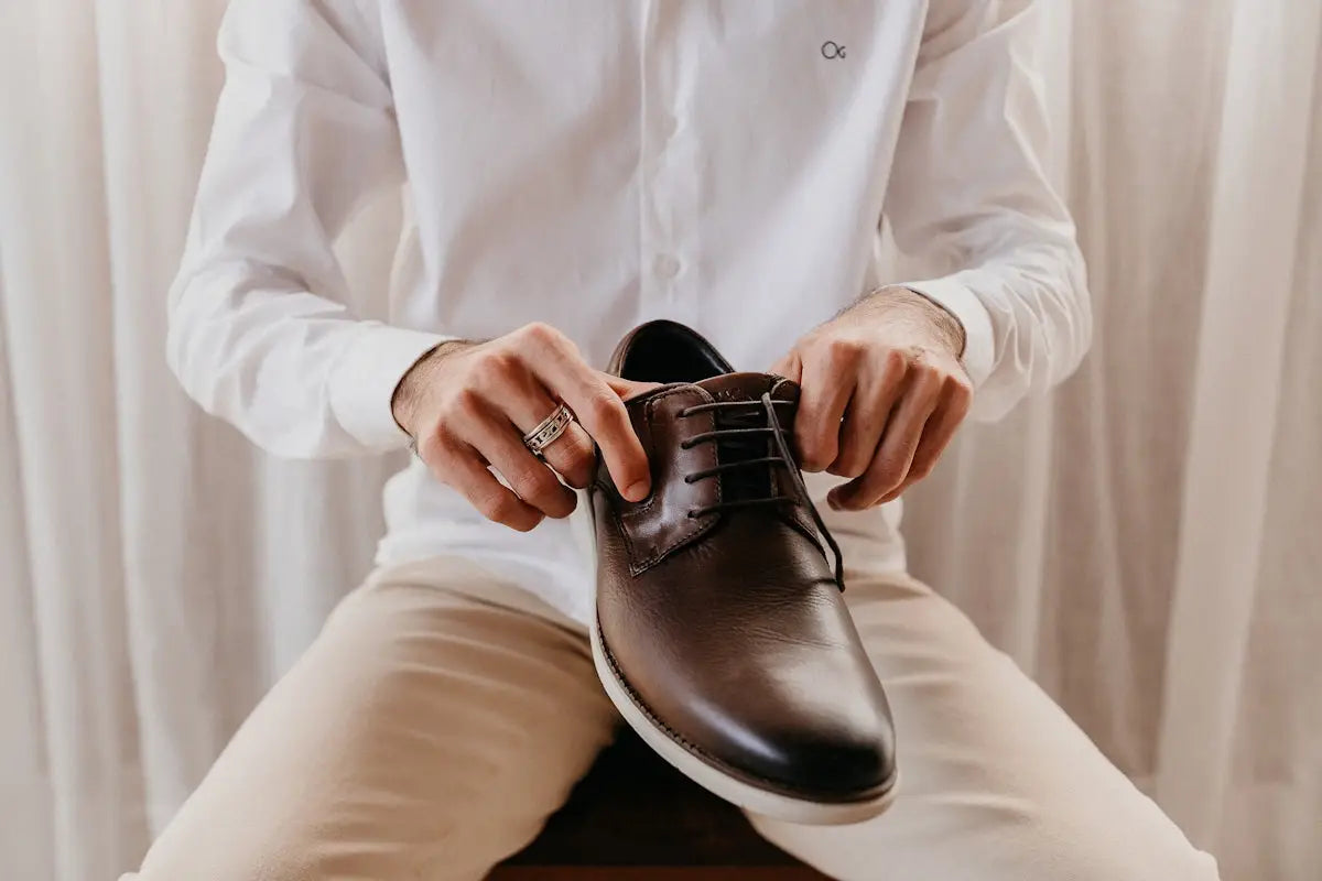 person holding black leather shoe