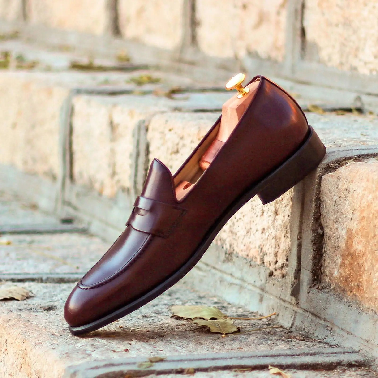 Burgundy leather loafer with shoe tree.