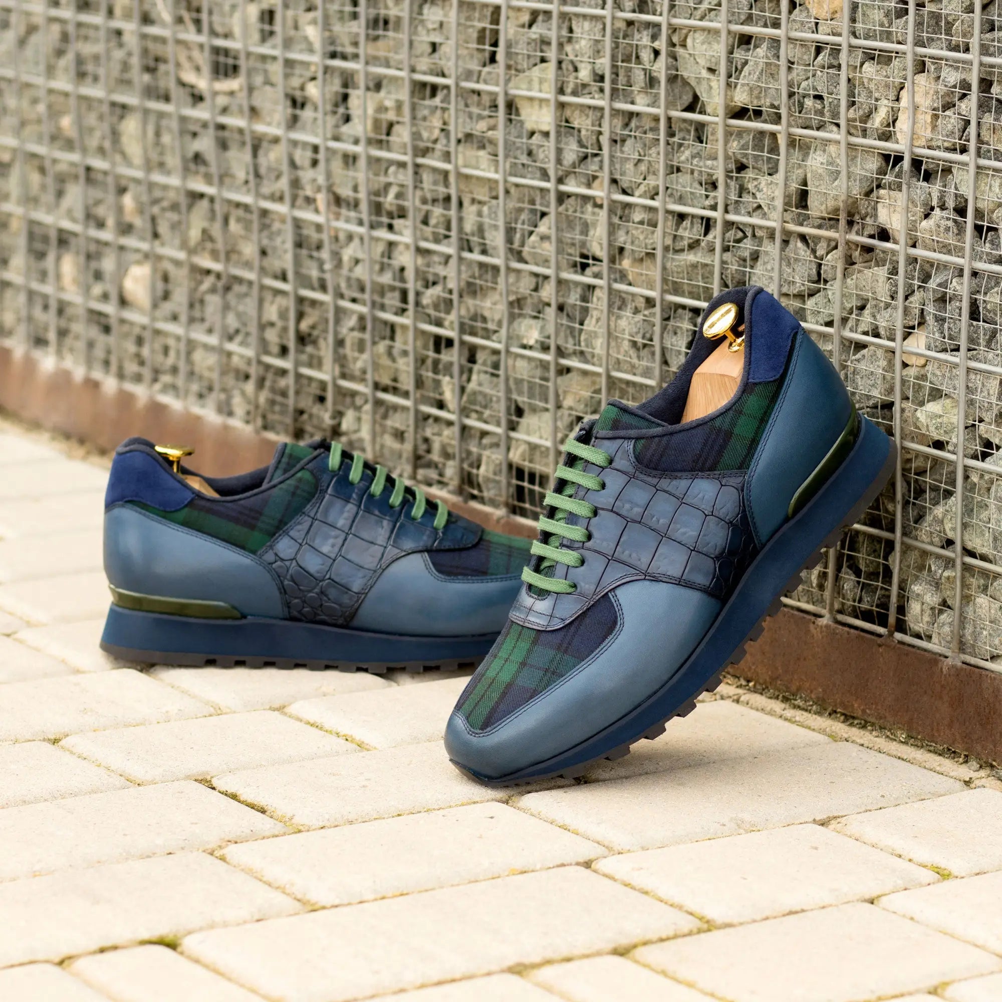 Blue and green patterned sneakers.