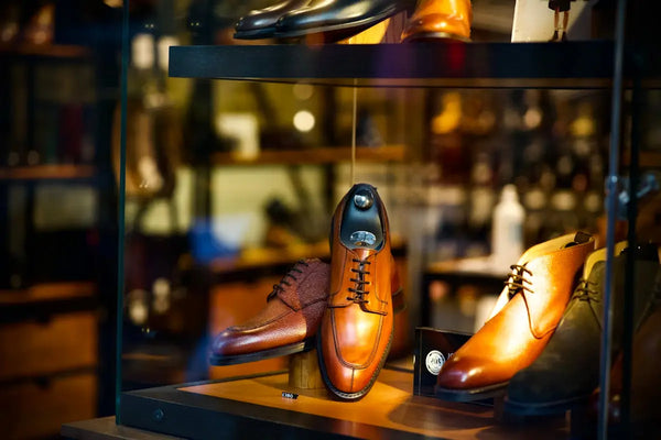 a display case with a variety of men's shoes