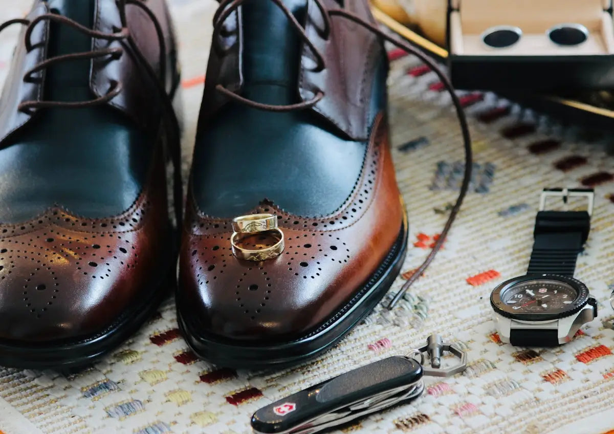 A pair of brown shoes sitting on top of a table