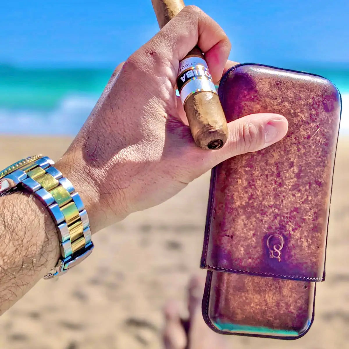 Hand holding cigar and case.