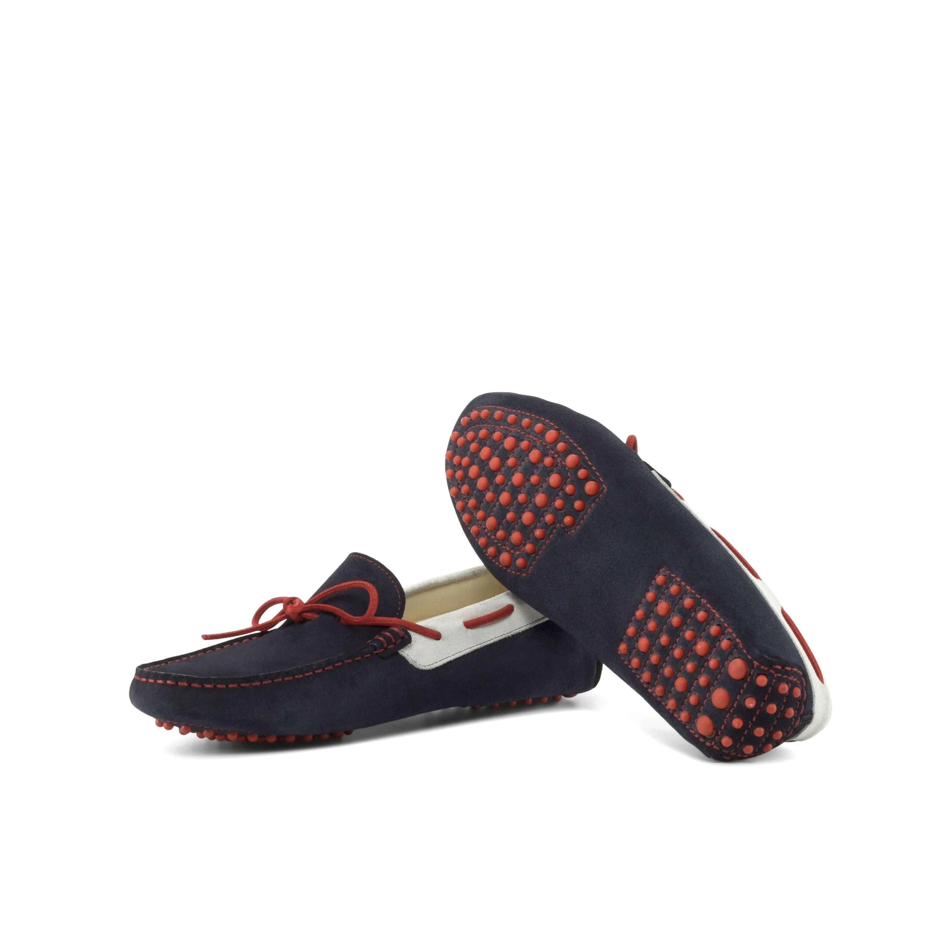 Navy blue leather 1990 Driver II moccasins with red accents, white sole