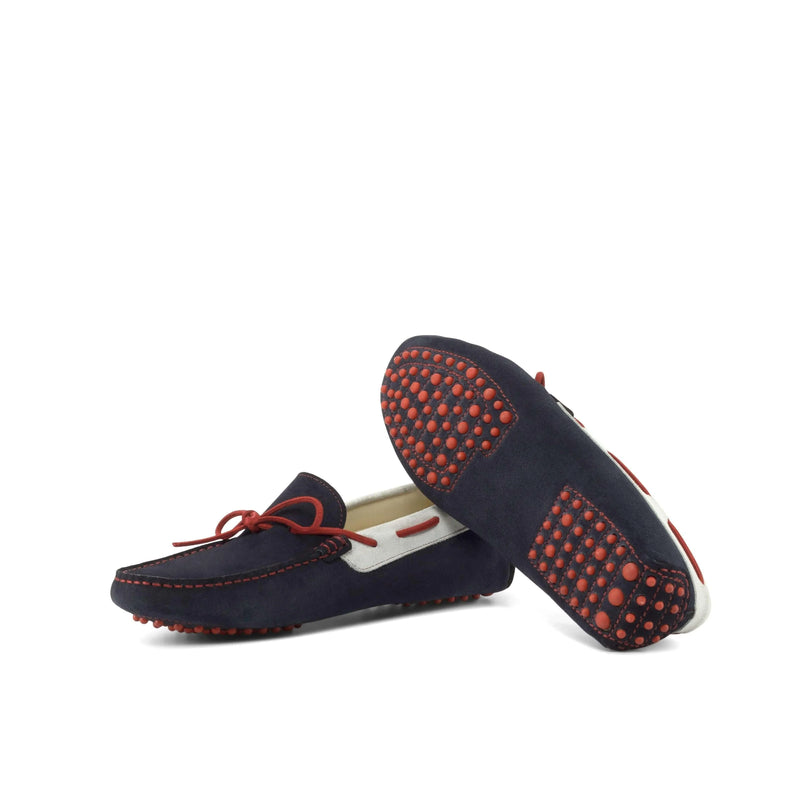 Navy blue leather 1990 Driver II moccasins with red accents, white sole