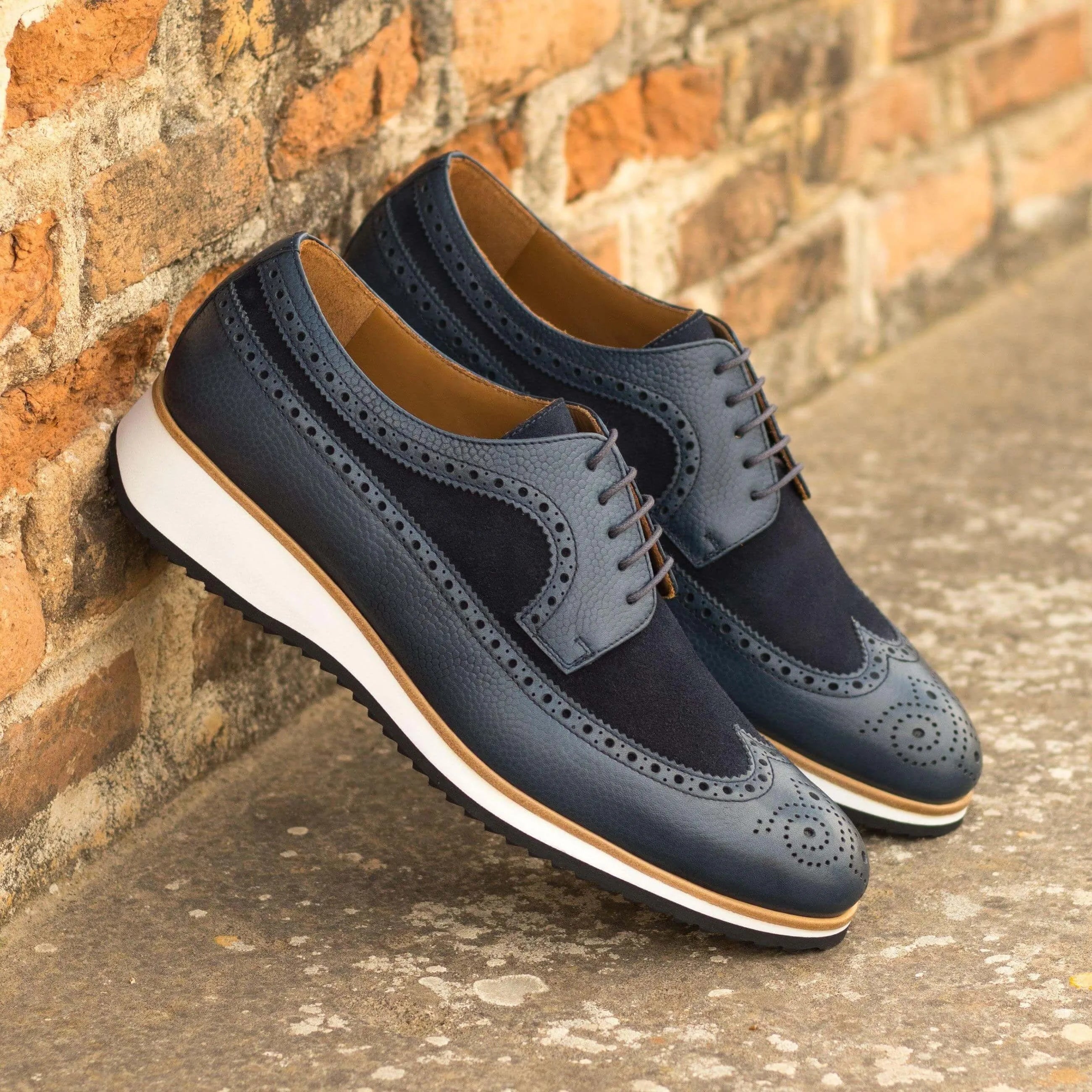 Blue leather and suede wingtip blucher shoes, 300 Longwing Blucher Shoes II design