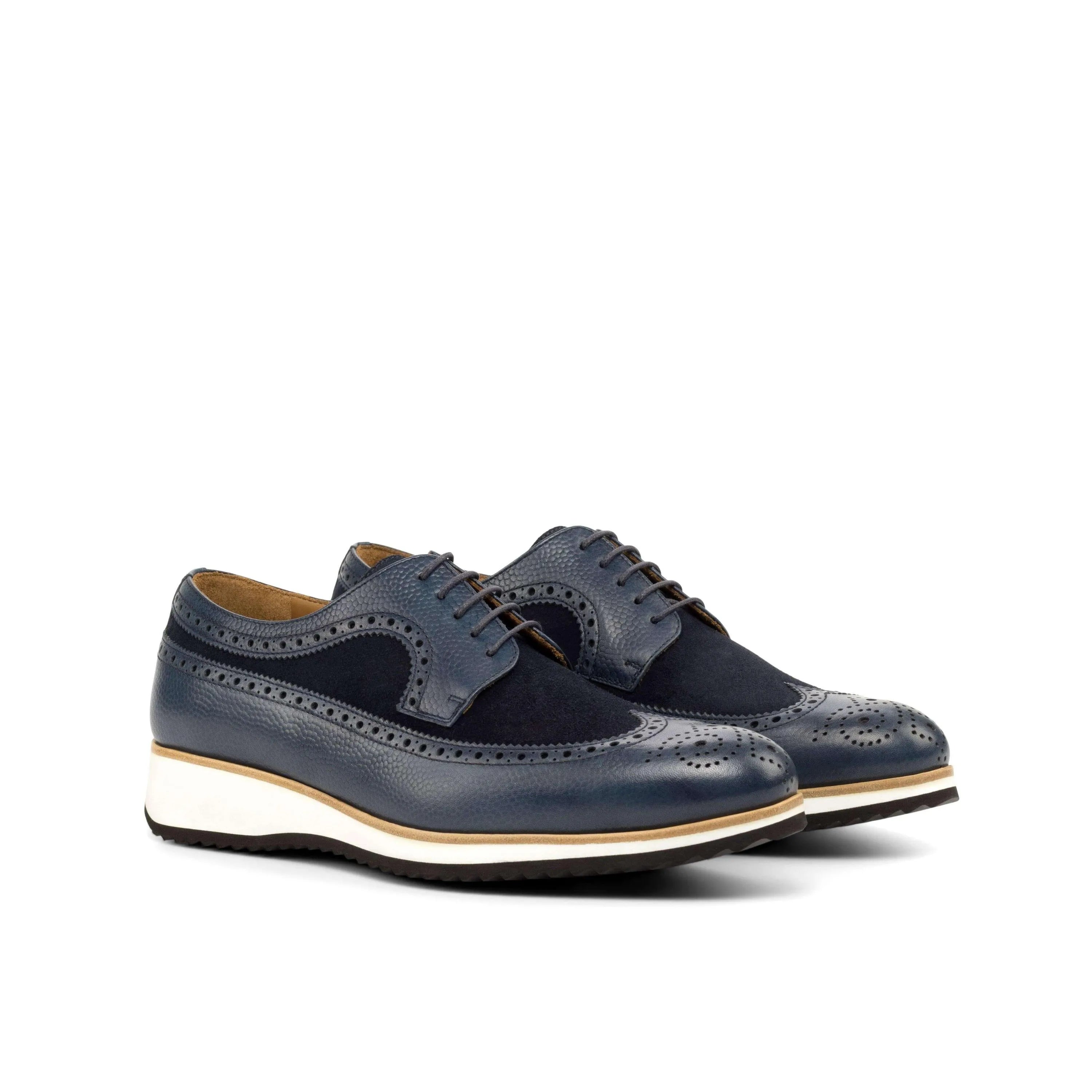 Blue leather and suede Longwing Blucher Shoes showcasing elegant wingtip design