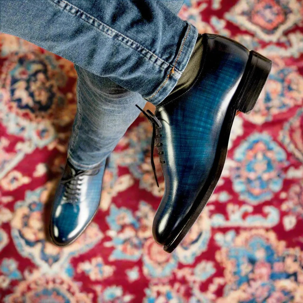 Blue leather 5912 Whole Cut Patina Shoes showcasing exquisite cut patina craftsmanship