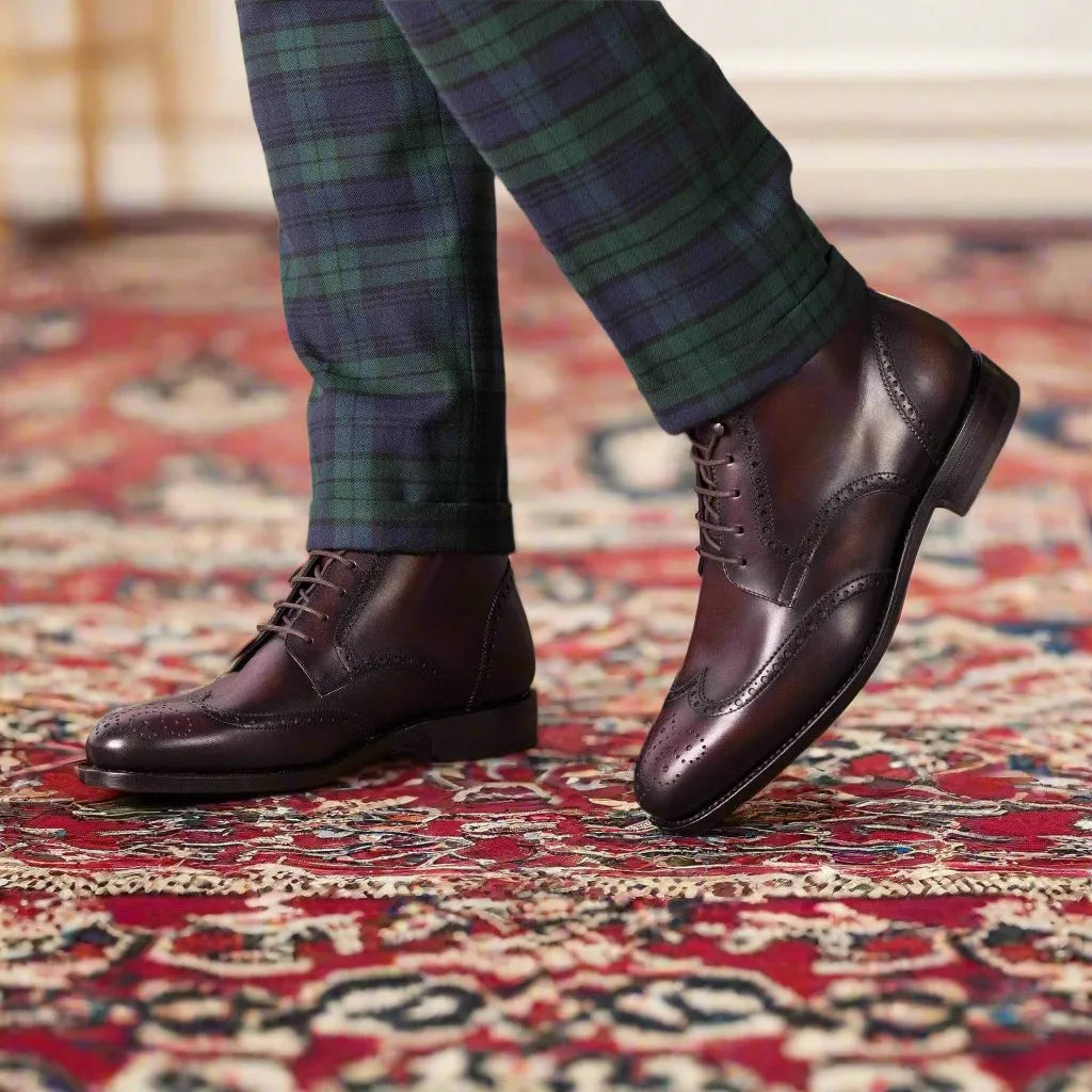 Burgundy leather wingtip Military Brogue Boots made from premium calf leather