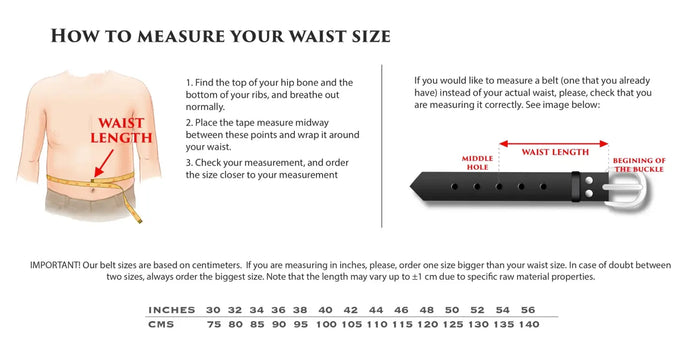 Waist measurement guide for Duran Croc Hampton Belt showcasing Croc Hampton style.