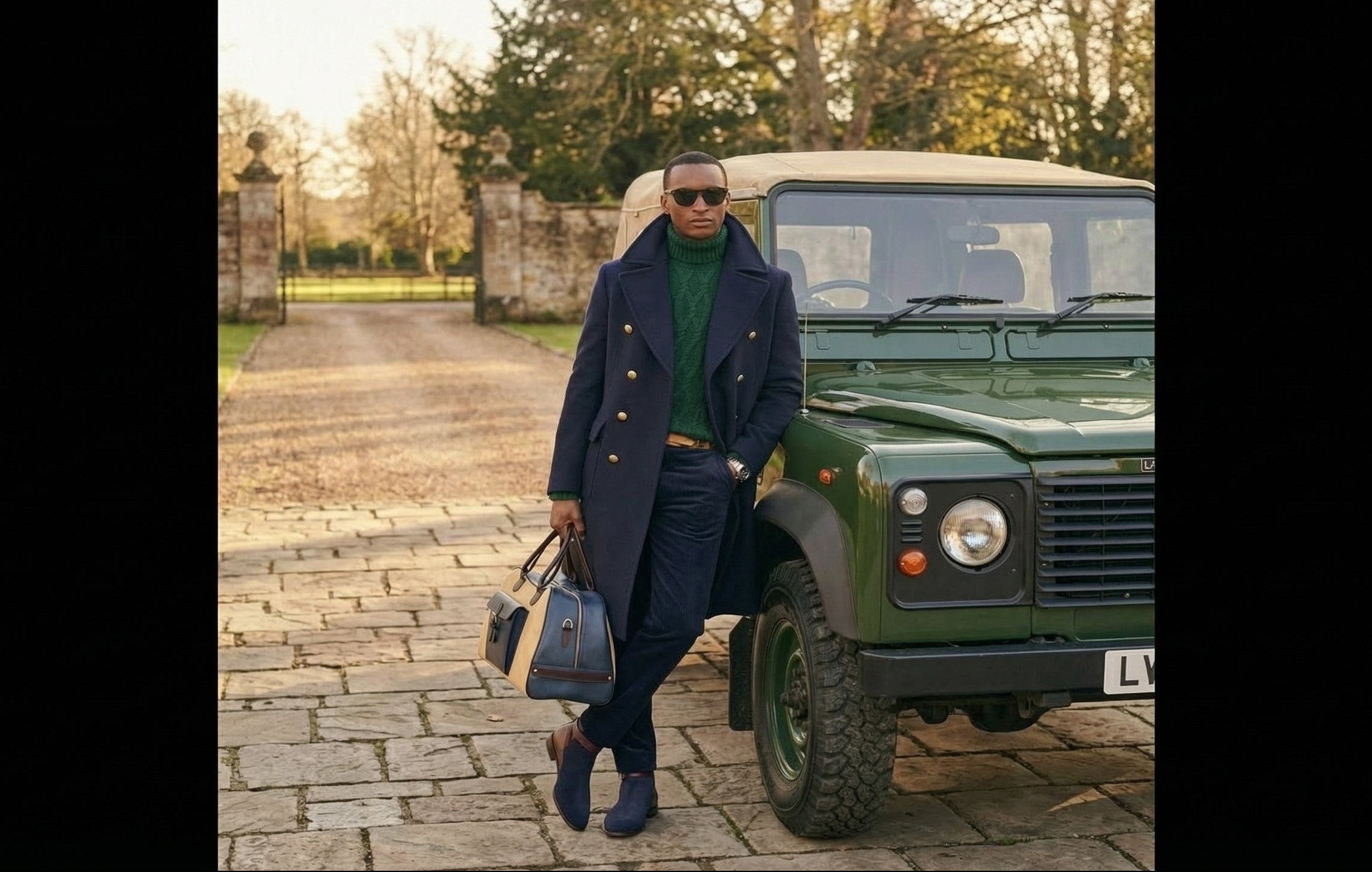 Man in a coat standing next to a green Land Rover vehicle.