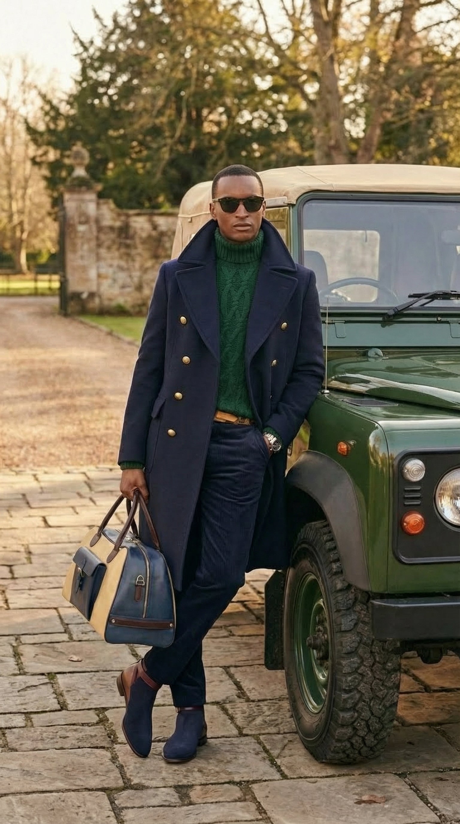 Man in a navy coat standing next to a green Land Rover on a stone path.