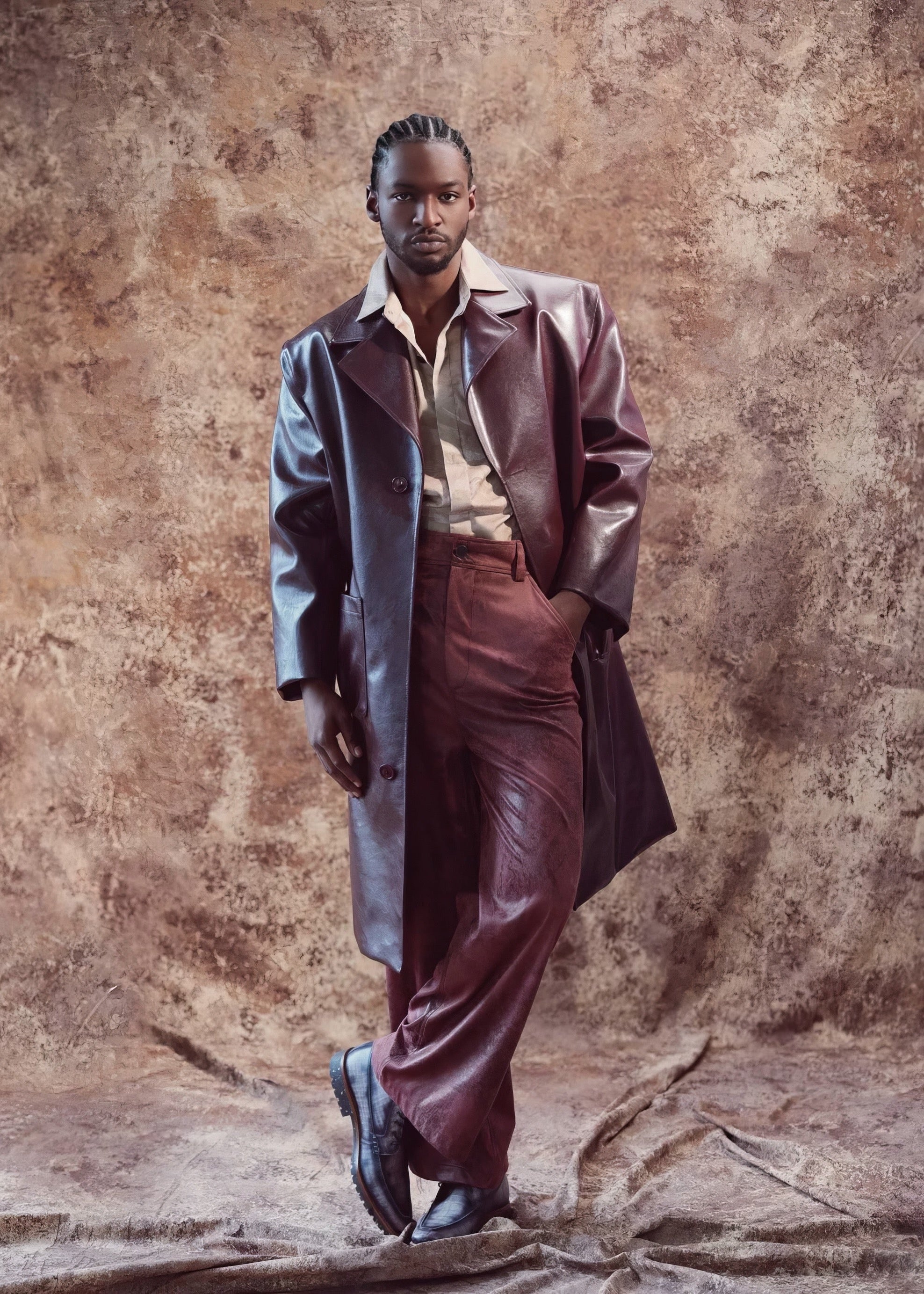 Jaw Will from tulsa king wearing a long coat and pants against a textured brown background
