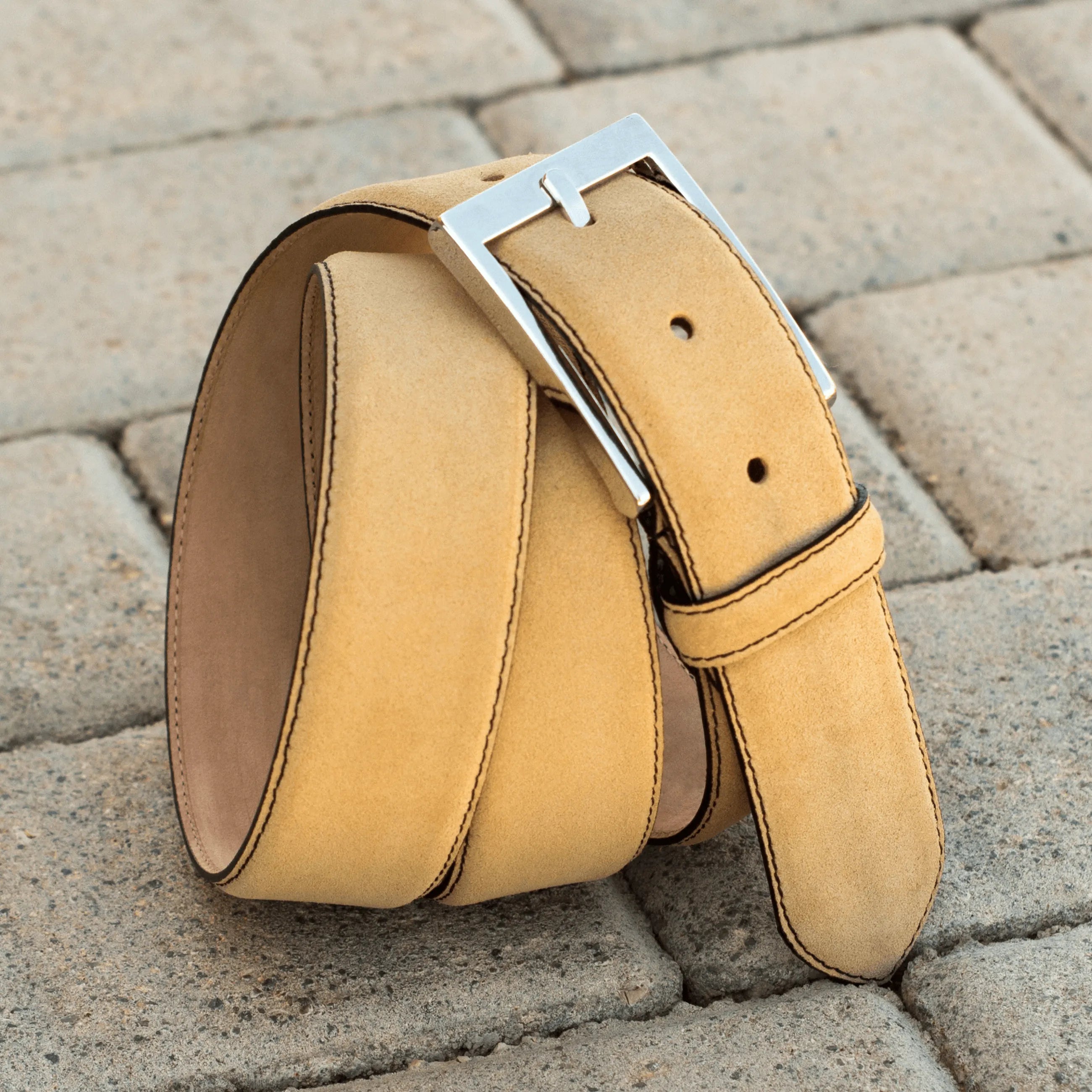 Tan leather Aaron Hamptons Belt featuring a sleek silver buckle for stylish dressing