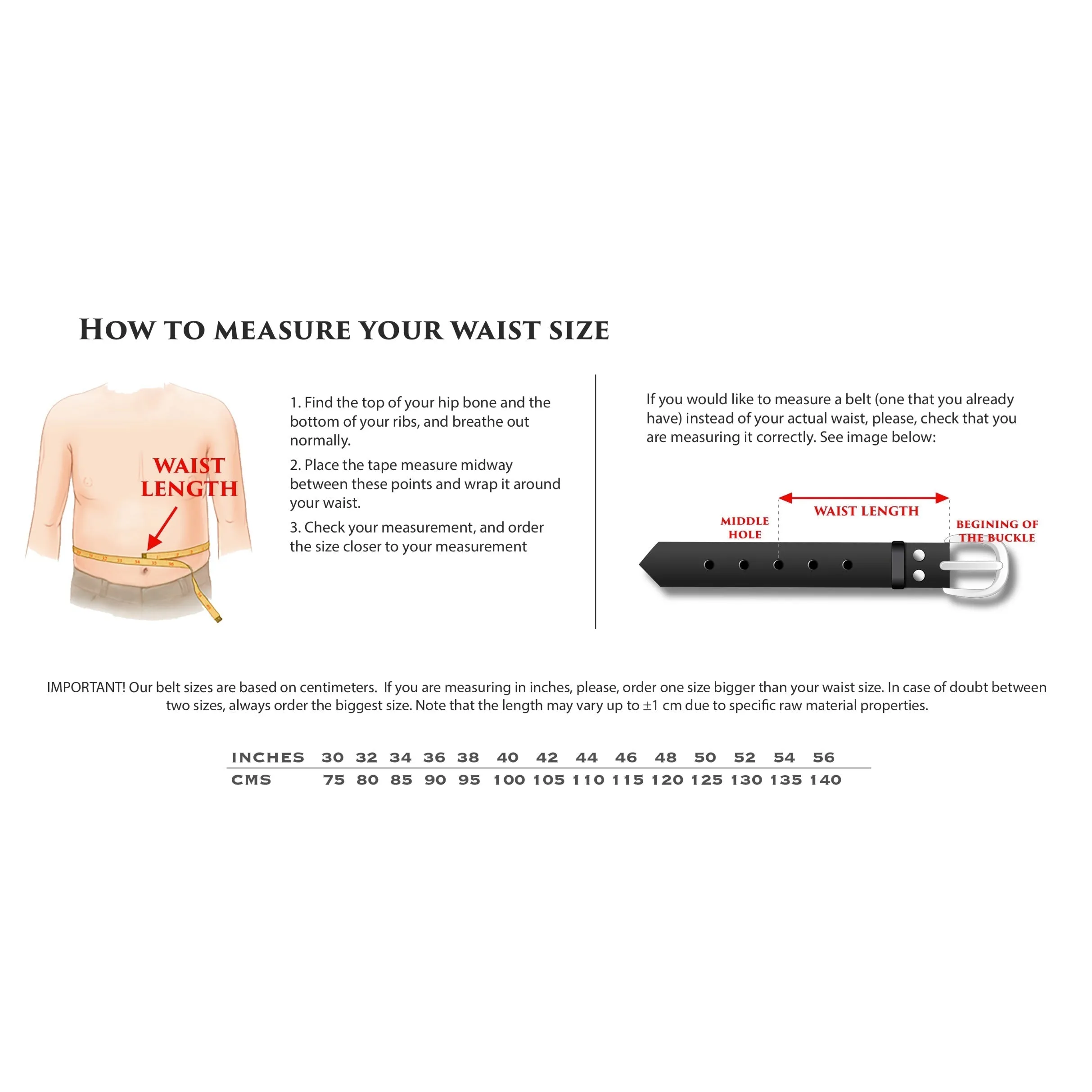 Waist measurement guide for the Aaron Hamptons Belt ensuring perfect fit and style