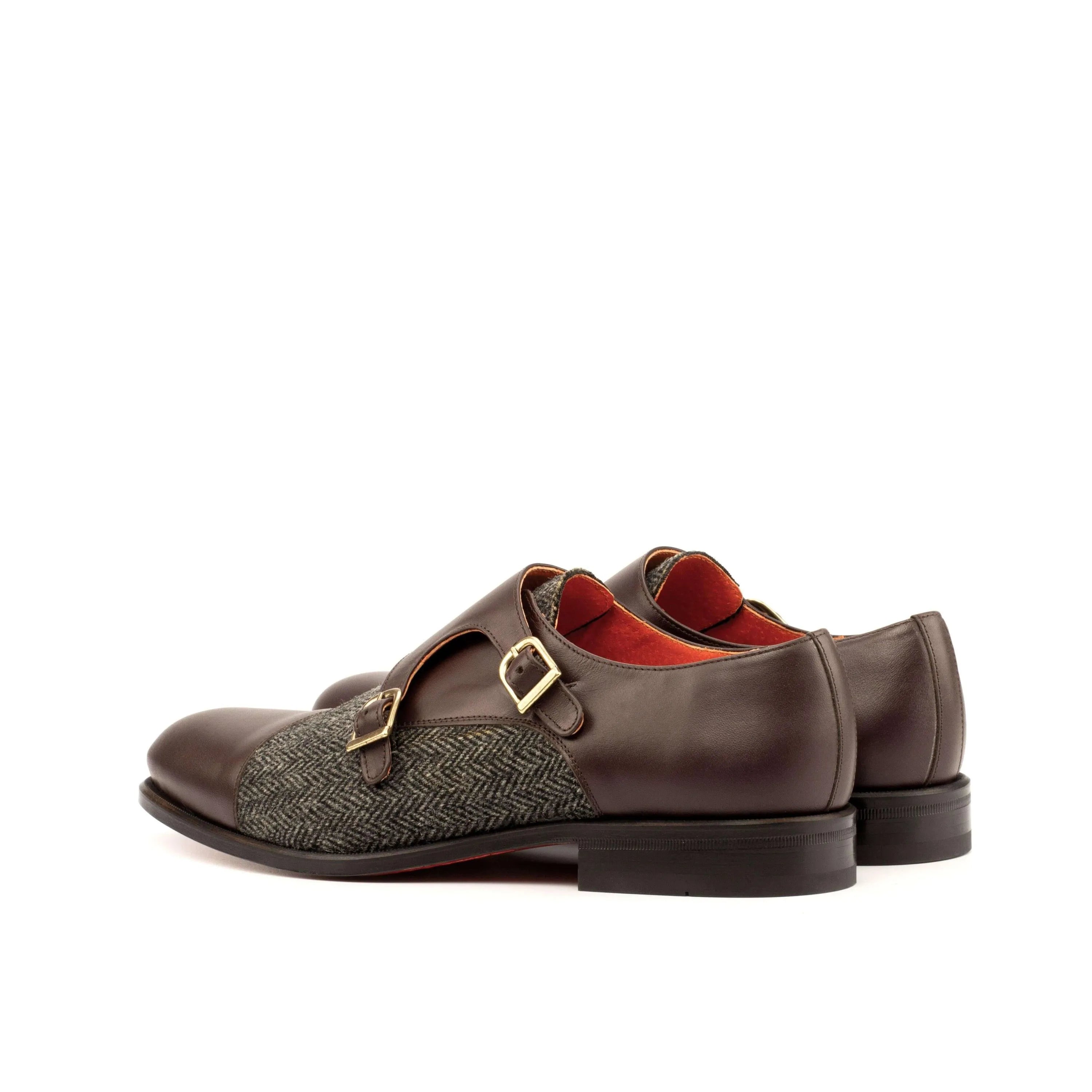 Brown leather and tweed Achak Double Monk II double monk strap shoes for stylish elegance