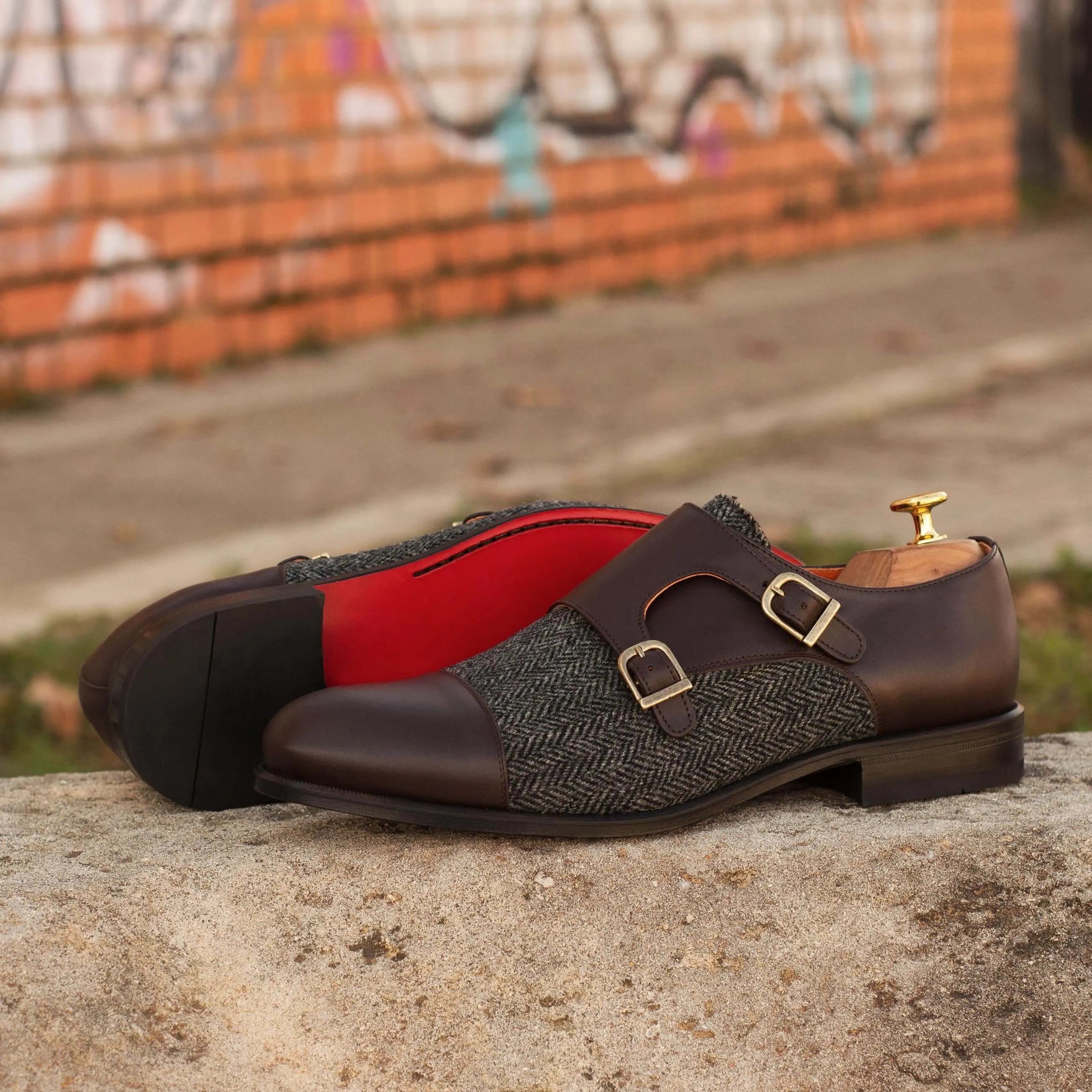 Brown leather and tweed Achak Double Monk strap shoes for stylish formal wear