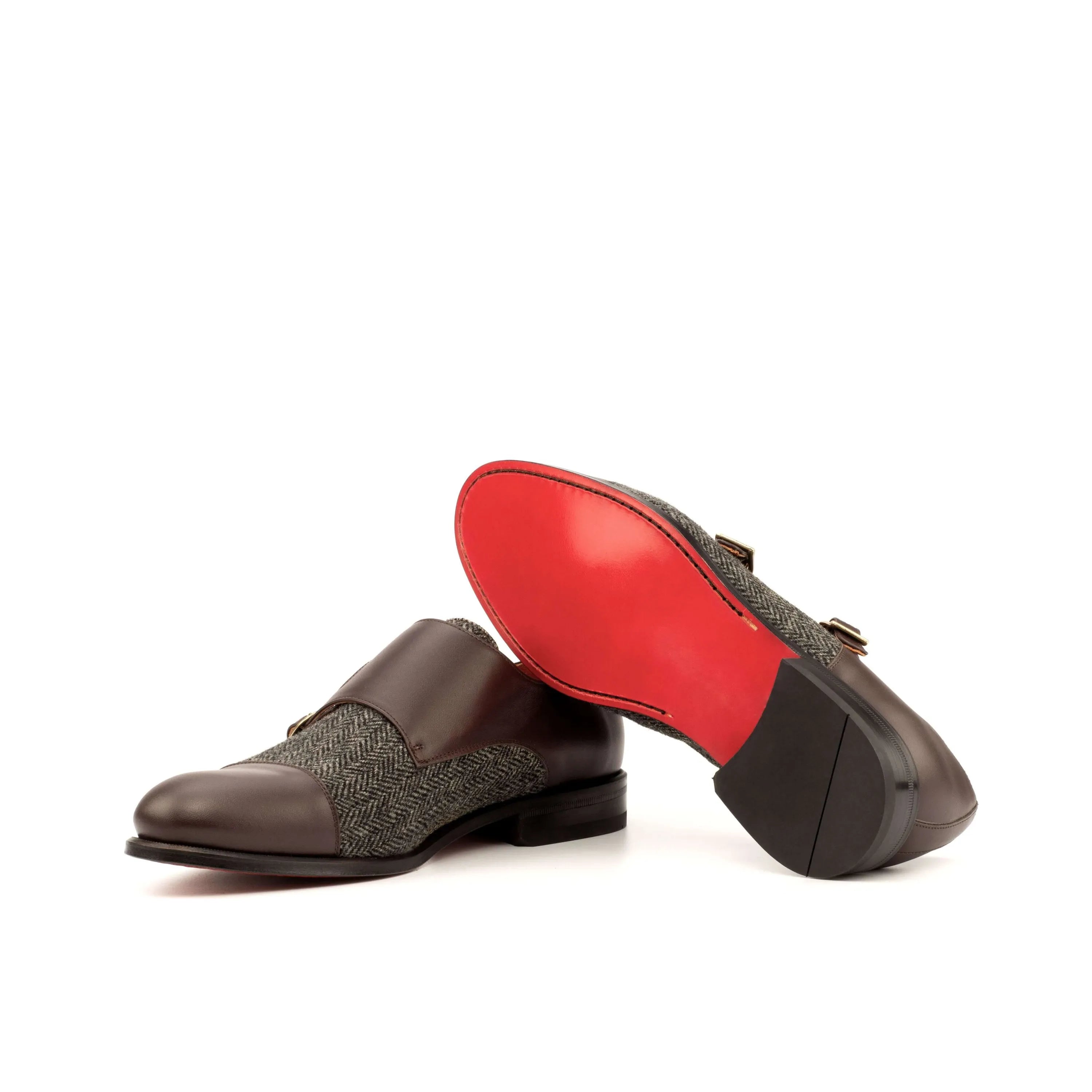 Two-tone leather and tweed double monk shoes, Achak Double Monk with red soles