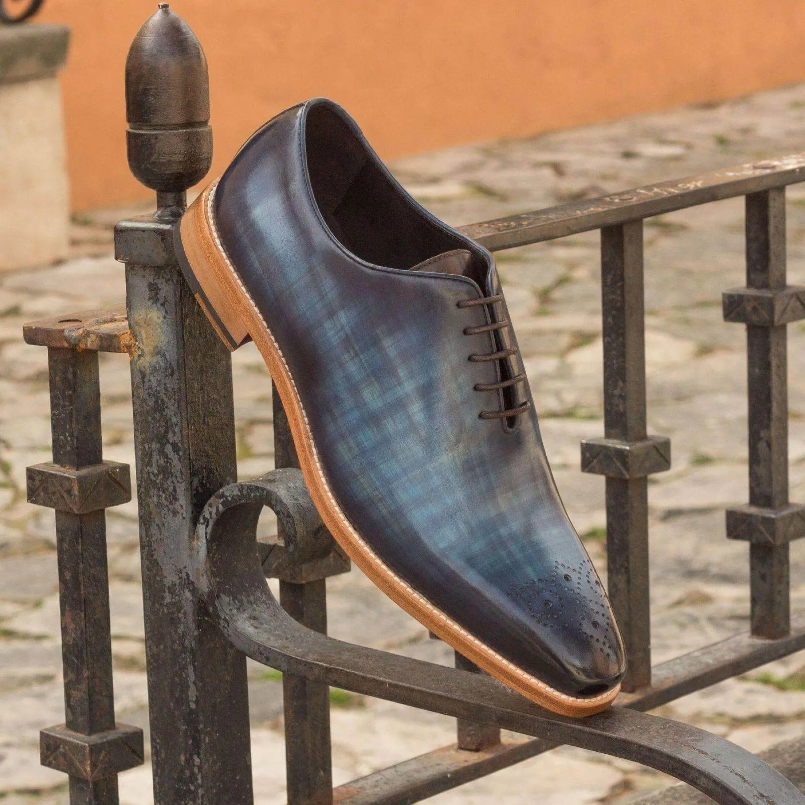 Blue leather dress shoe Afif Wholecut Patina II highlighting wholecut patina craftsmanship