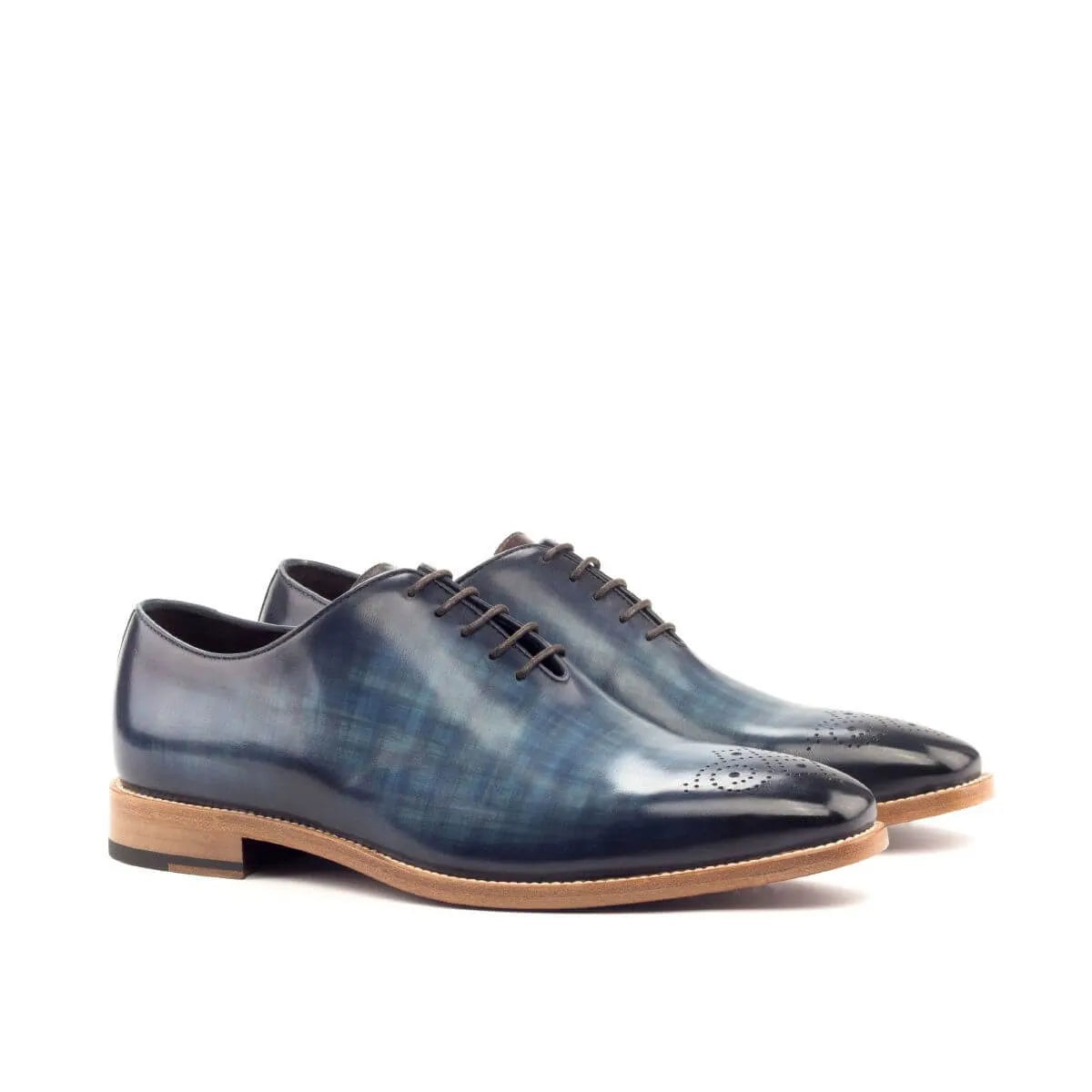 Blue leather Afif Wholecut Patina shoes with a stylish crust patina finish