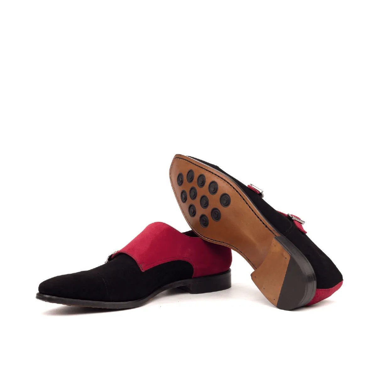 Black and red suede Aias Double Monk II shoes featuring a stylish double monk strap design