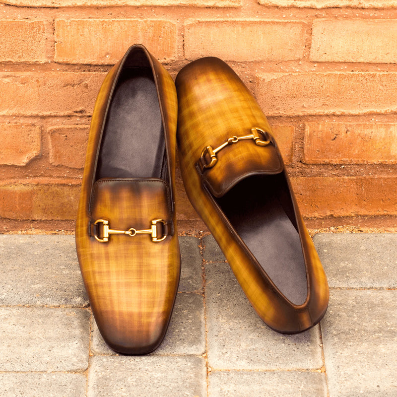 Pair of brown leather loafers featuring Albus Drake Patina slipon design
