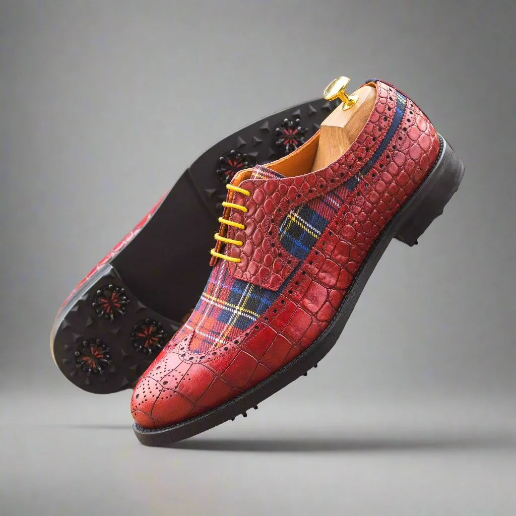 Red and plaid Aldorado Longwing Blucher Golf Shoes for stylish performance on the course